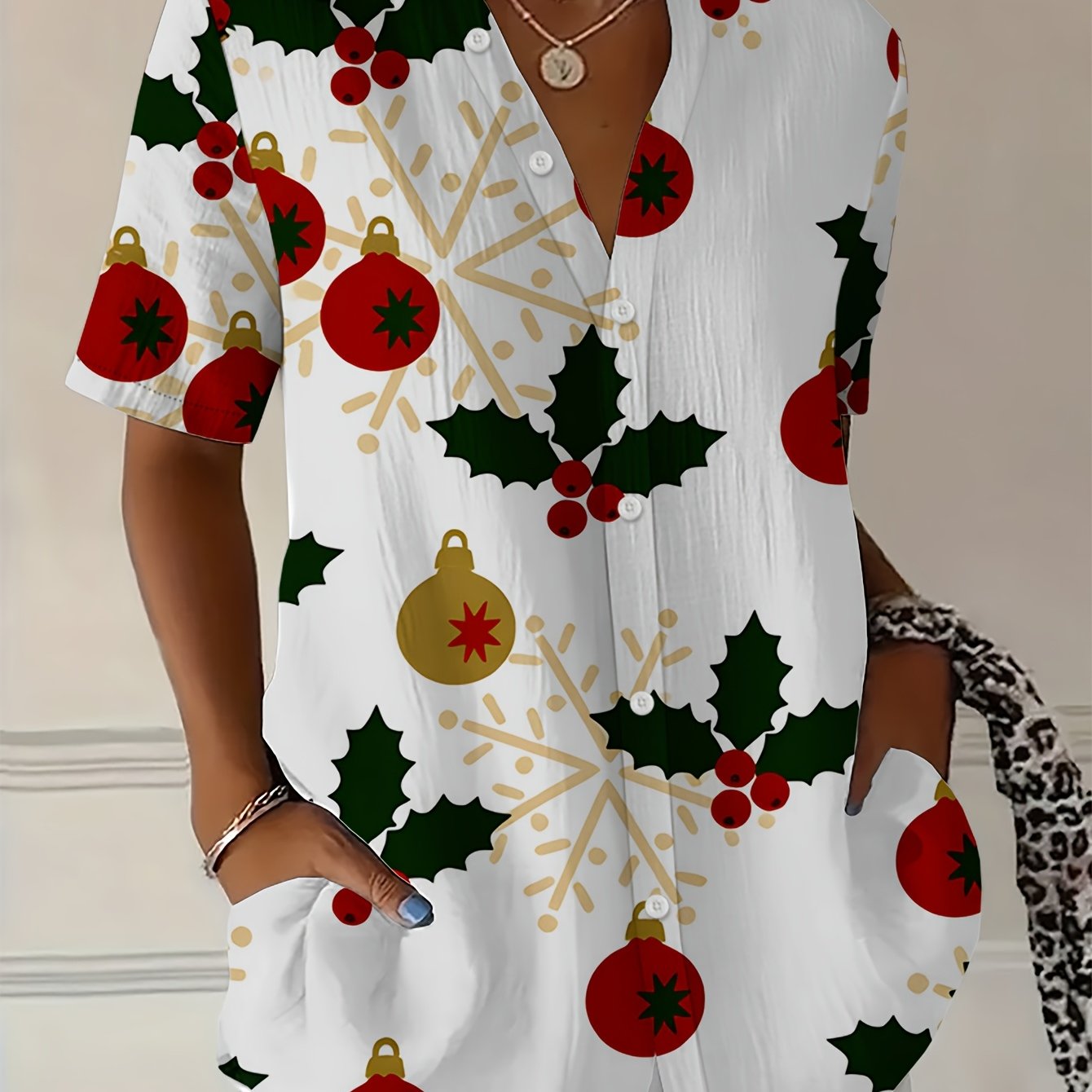 TEMU Women's V-neck Lapel Short-sleeve Shirt With Christmas-themed Ornament, Holly, And Snowflake Print, A Loose And Casual Festive-style Cardigan, A