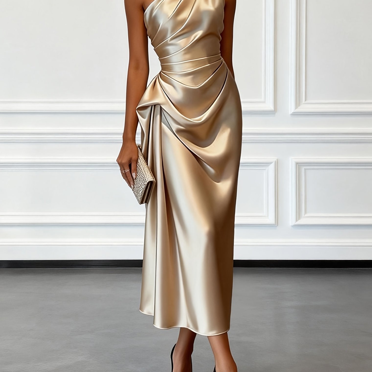 TEMU Elegant Off-shoulder Satin Evening Dress - Single Shoulder Strap Bodycon Midi Gown With Waist , Machine Washable Suitable For Weddings, , &