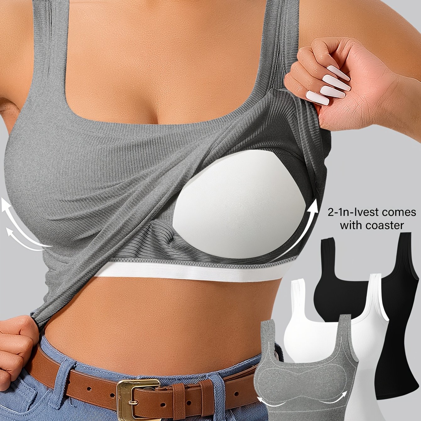 Development 3pcs Set U-shaped Beautiful Back Vest Women'-in-one With Cup Pad Slim Solid Color Inner Wear Outer Wear Base Shirt Vest