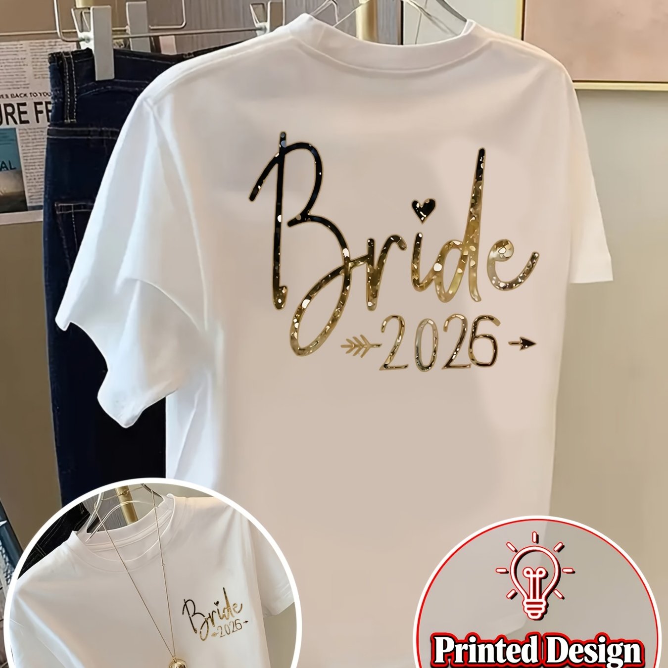 E-shop 2D-gedrucktes Design – Nicht texturierter - Rückseitendruck, Kurzarm, Braut 2026, Braut-Print-Top, Rundhals, lässiges Kurzarmshirt –
