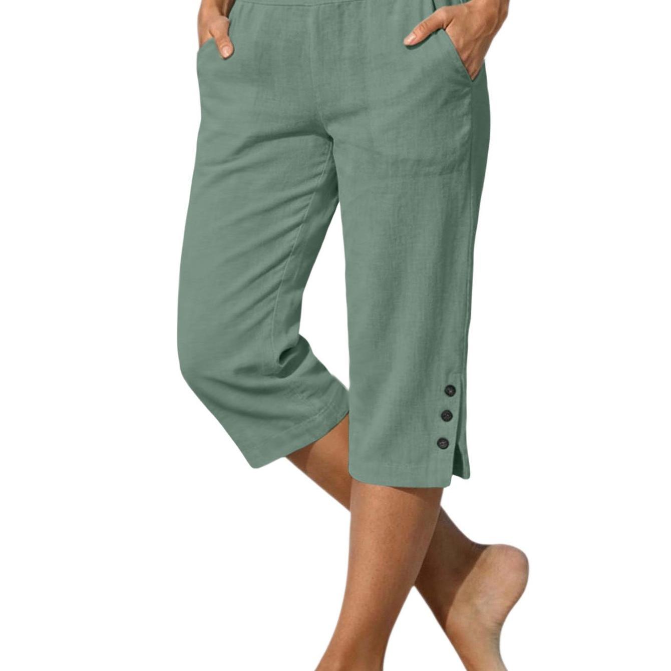 Image of Women's Summer Pants With Side Slit Button Detail Relaxed Straight Leg Trousers Breathable Fabric For Casual Daily Wear Office Vacation Trave