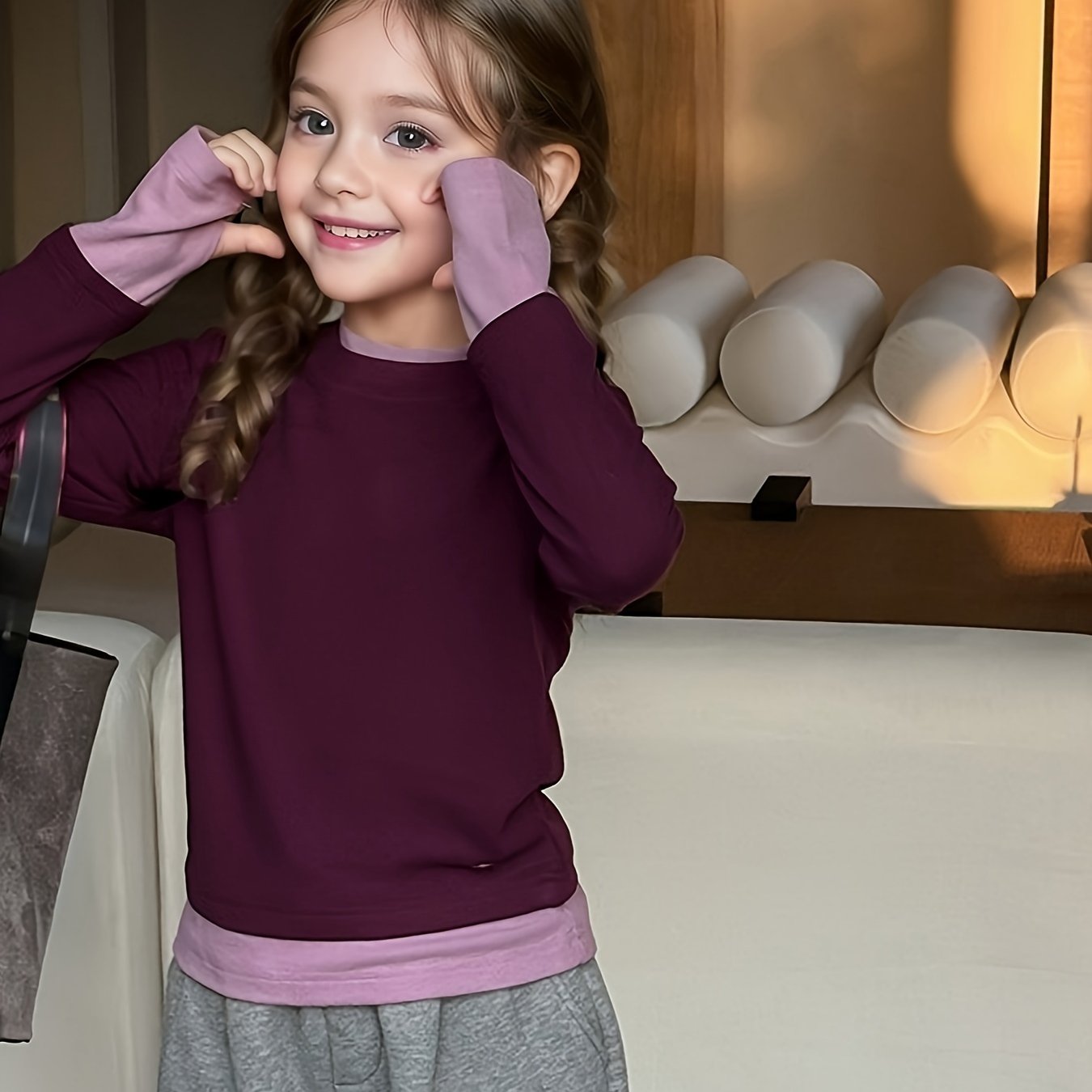 Girls' High-stretch Long Sleeve T-shirt Base Layer Two-piece Contrast Top