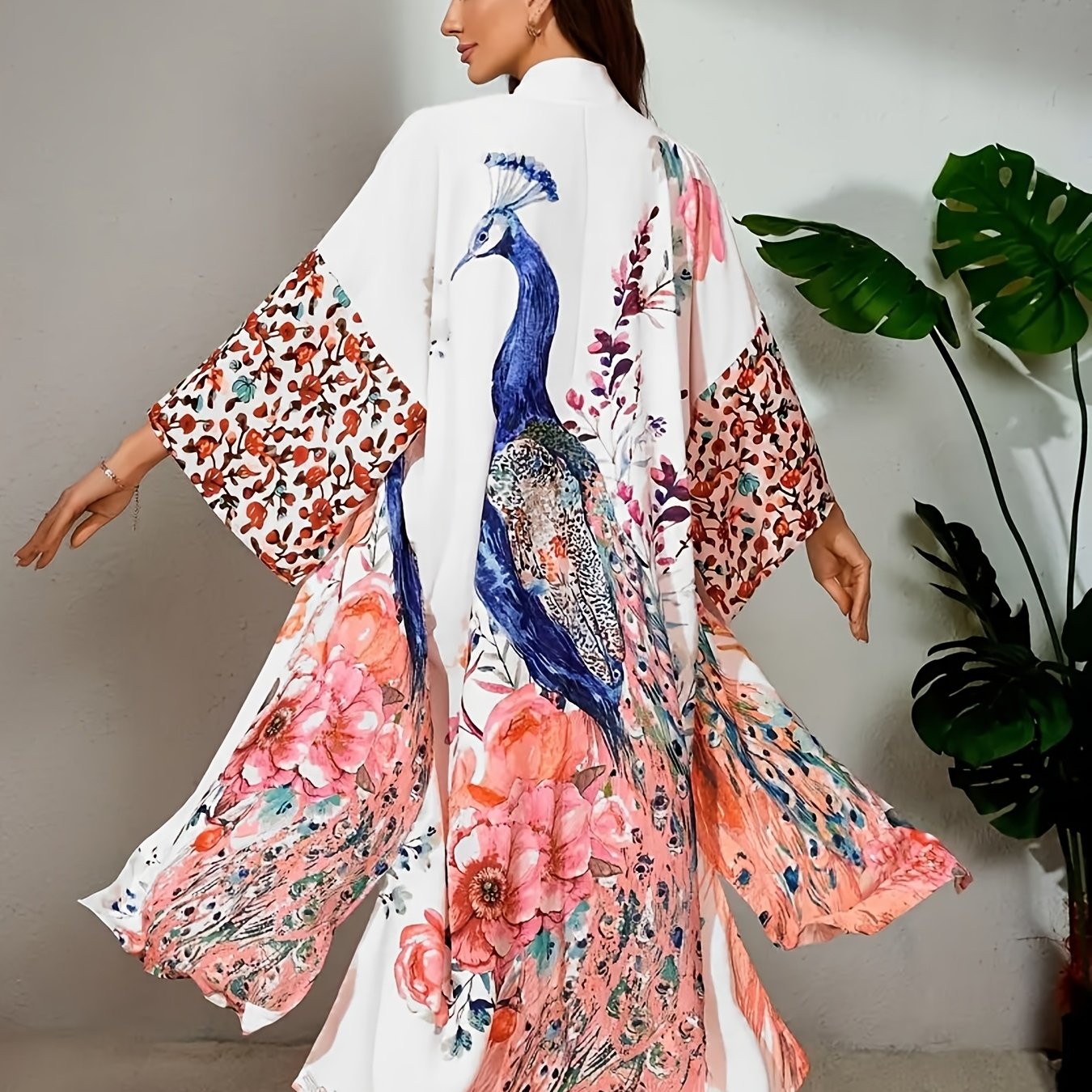 Image of Elegant Pink Kimono-style Robe With Exquisite Peacock Floral Print, Design, And Open Slit Detail - Adult Women, Wear, Casual Wear| Kimono Style|nontransparent Material