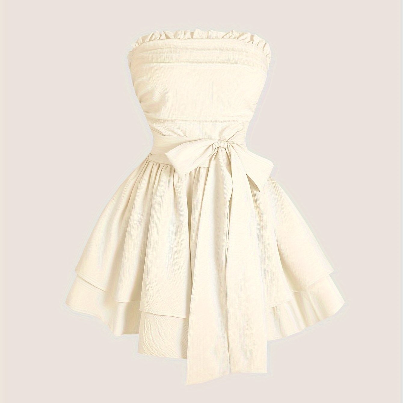 TEMU Elegant Off-shoulder Vintage Dress With Ruffle Trim & Bow Detail - Double Layer Skirt, Backless Design For Women