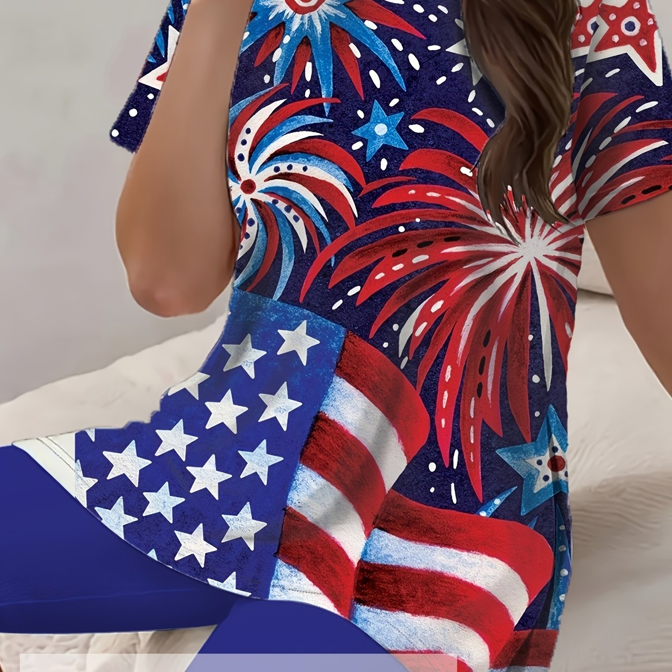 TEMU [1pcs T-shirt Without Shorts Included] Us Day Flag Fireworks Women's Plus Size Side Slit T-shirt Loose Short Sleeved Washable Plus Size Women's