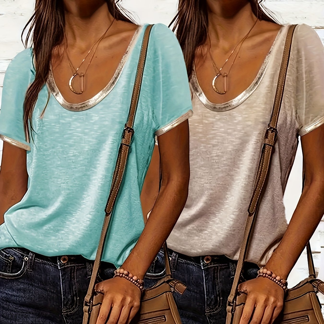 E-shop 2er-Pack Damen Frühling Sommer Neues Einfarbiges Nackenband Ohne Aufdruck Rundhals Kurzarm Lockerer Casual Top Basis T-Shirt Maschinenwaschbar -