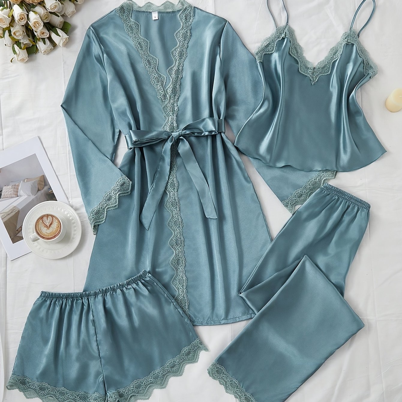 TEMU Lace Cami Shorts Long Pants Bathrobe 4pcs Set