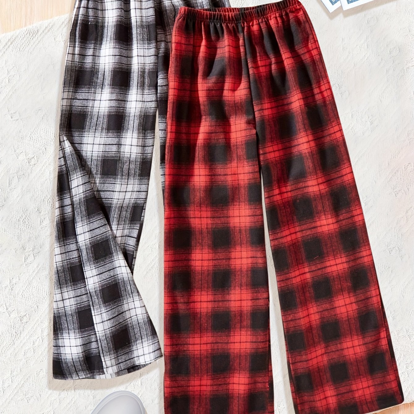 Image of 2pcs: Girls' Casual Christmas Red Plaid & Black Plaid Straight-leg Pants, Girls' Casual Comfortable Long Pants, Suitable 3 And Up, Perfect For Outdoor