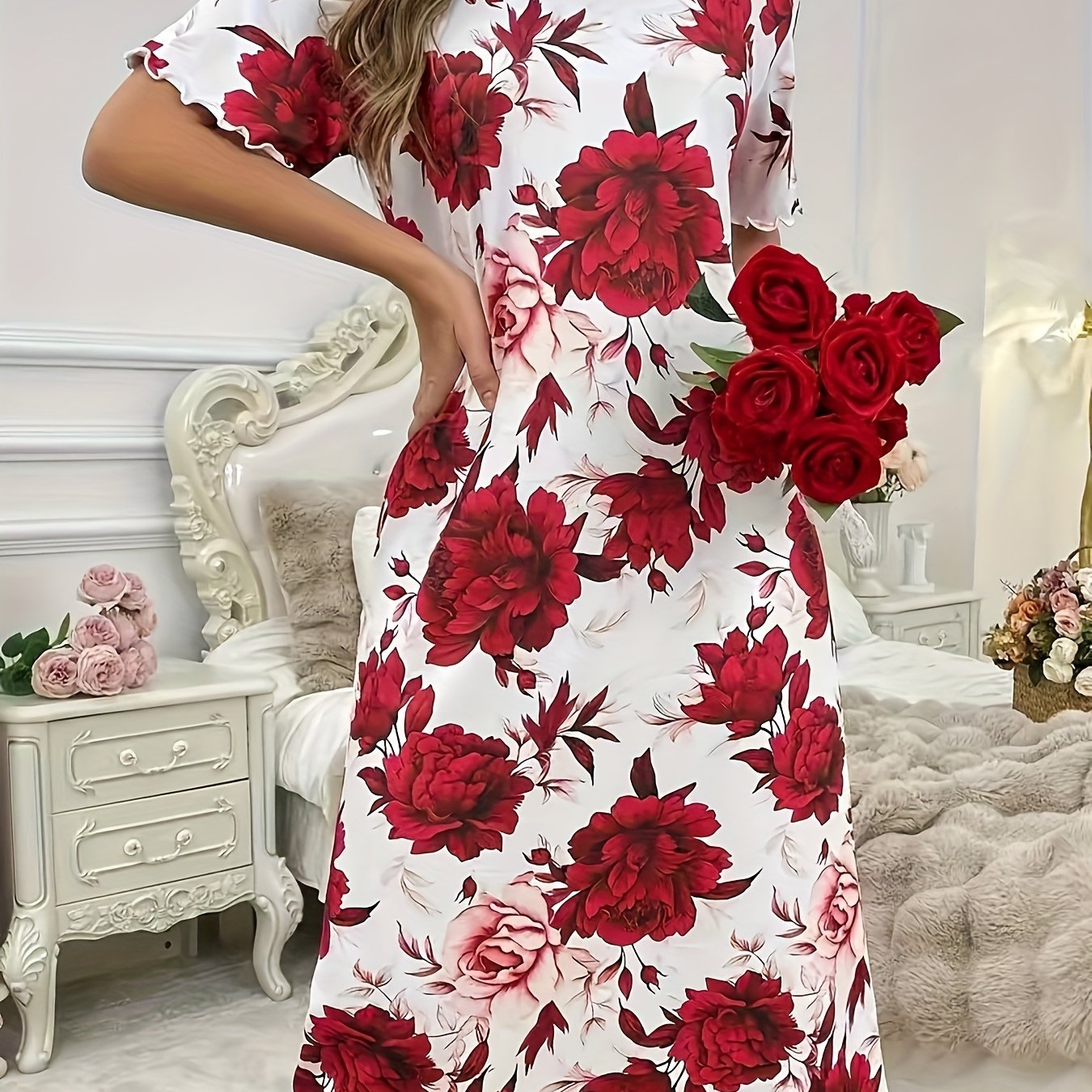 E-shop Damen Elegantes Kurzarm-Nachthemd - Blumenmuster Schlafkleid mit elastischem Rundhalsausschnitt & kurzen Ärmeln, Ganzjahres-Pyjama-Kleid