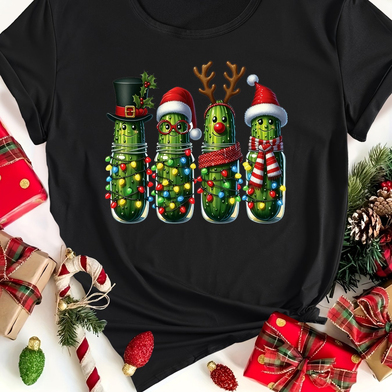 TEMU T-shirt de Noël hilarant, motif cornichon, haut à manches courtes pour femmes, cadeau de Noël non traditionnel