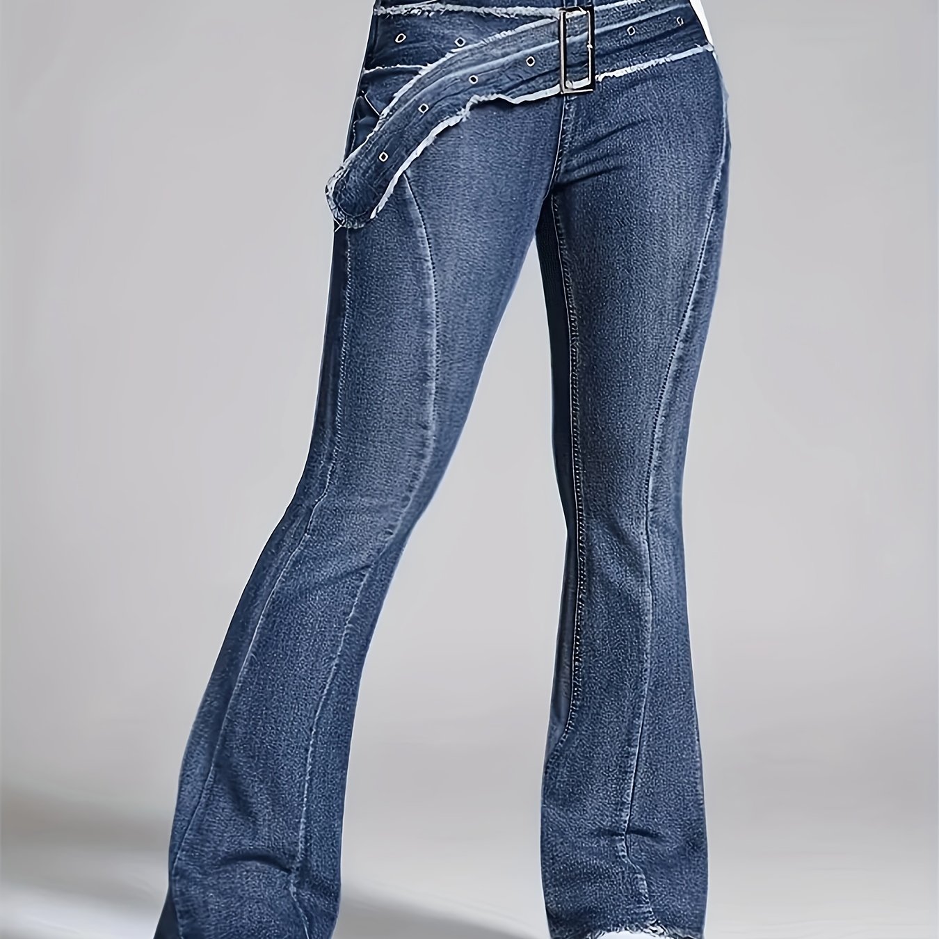 TEMU Ladies' Retro Washed Fringed Fake Waistband Design With Curved Edge And Slightly Flared Jeans