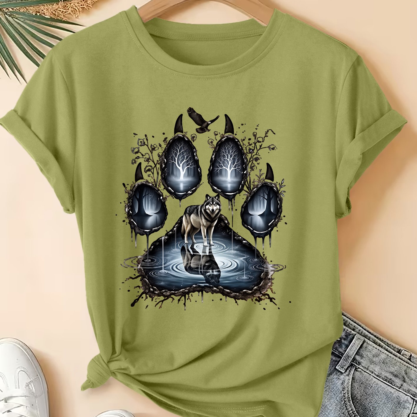 TEMU Women's Summer Clothing, Wolf Claw Forest Print Round Neck Short Sleeve T-shirt, Fashionable Vacation Daily Versatile Plus Size Friendly Women's