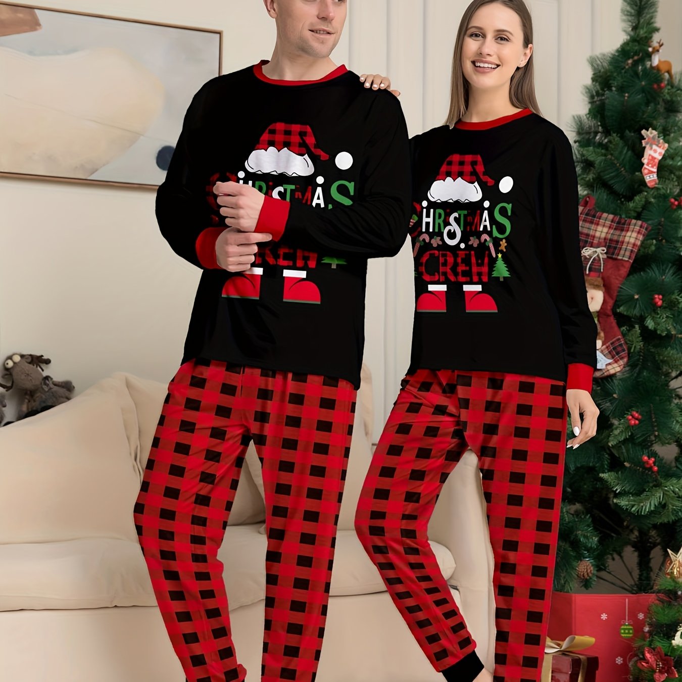 TEMU Completo da da a maniche lunghe e pantaloni lunghi per Natale, abbigliamento da casa, set da pigiama, albero di Natale e cappello da , motivo a
