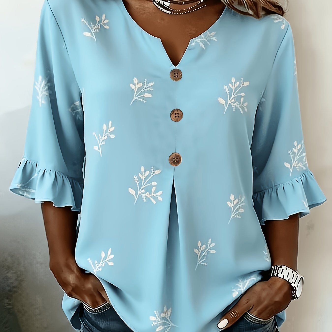 TEMU Plus Size Women's Summer Light Print V-neck Half Open Ruffle Mid-sleeve Shirt Loose Casual Versatile Top