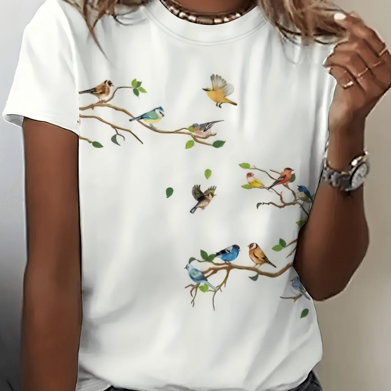 Image of A T Shirt Designed With Birds On Branches Theme Women's T Shirt High Quality T Shirt Suitable For Spring Summer Daily Wear Office Or Outdoor Activities Gift For Bird Lovers And Nature Enthusiasts