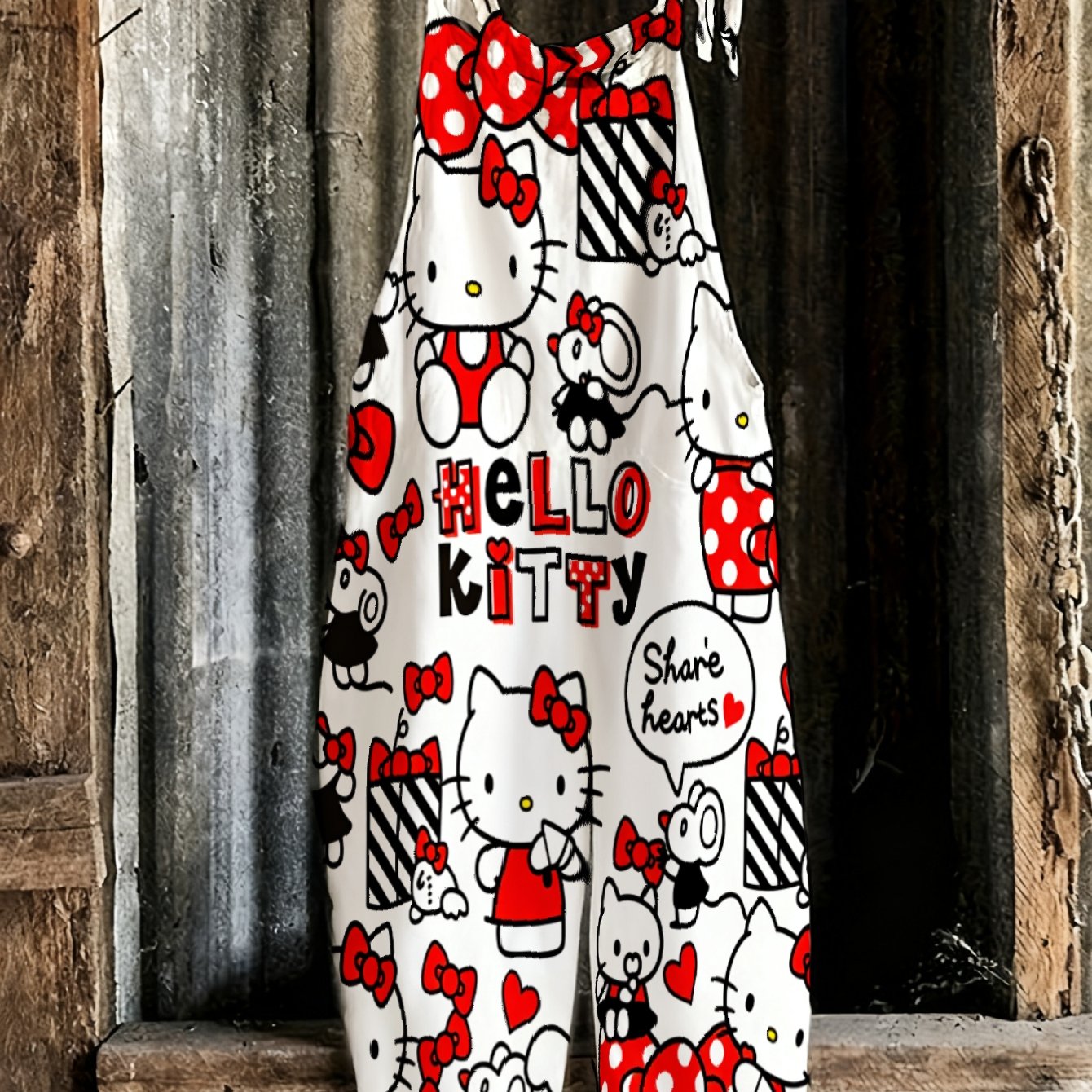 Summer Items Hello Kitty Characters Red Bows Hearts Stripes Text Share Hearts Pattern White Background Girls' Suspenders Pants Suitable For Casual , For Outdoor