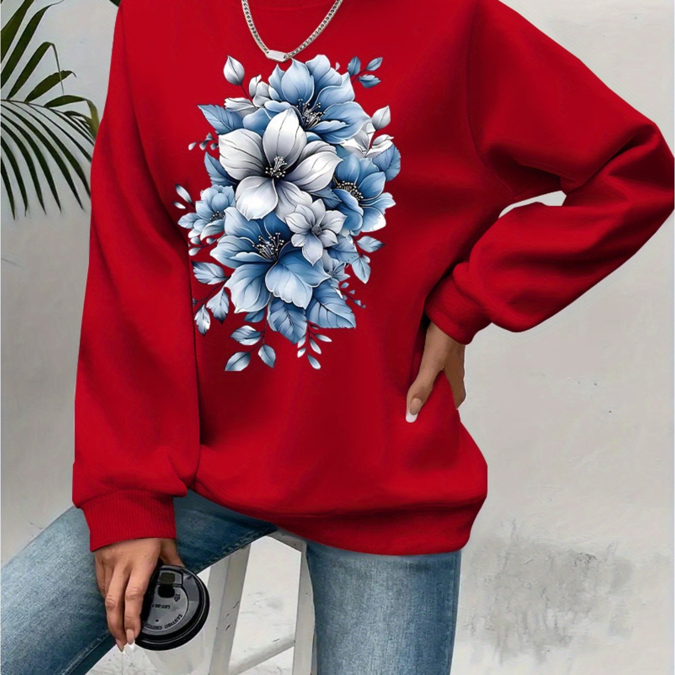 TEMU Comfortable Floral Print Round Neck Sweatshirt - Soft Casual Long Sleeve, Ideal For Spring-autumn-winter Comfortable Women' Wear Clothing