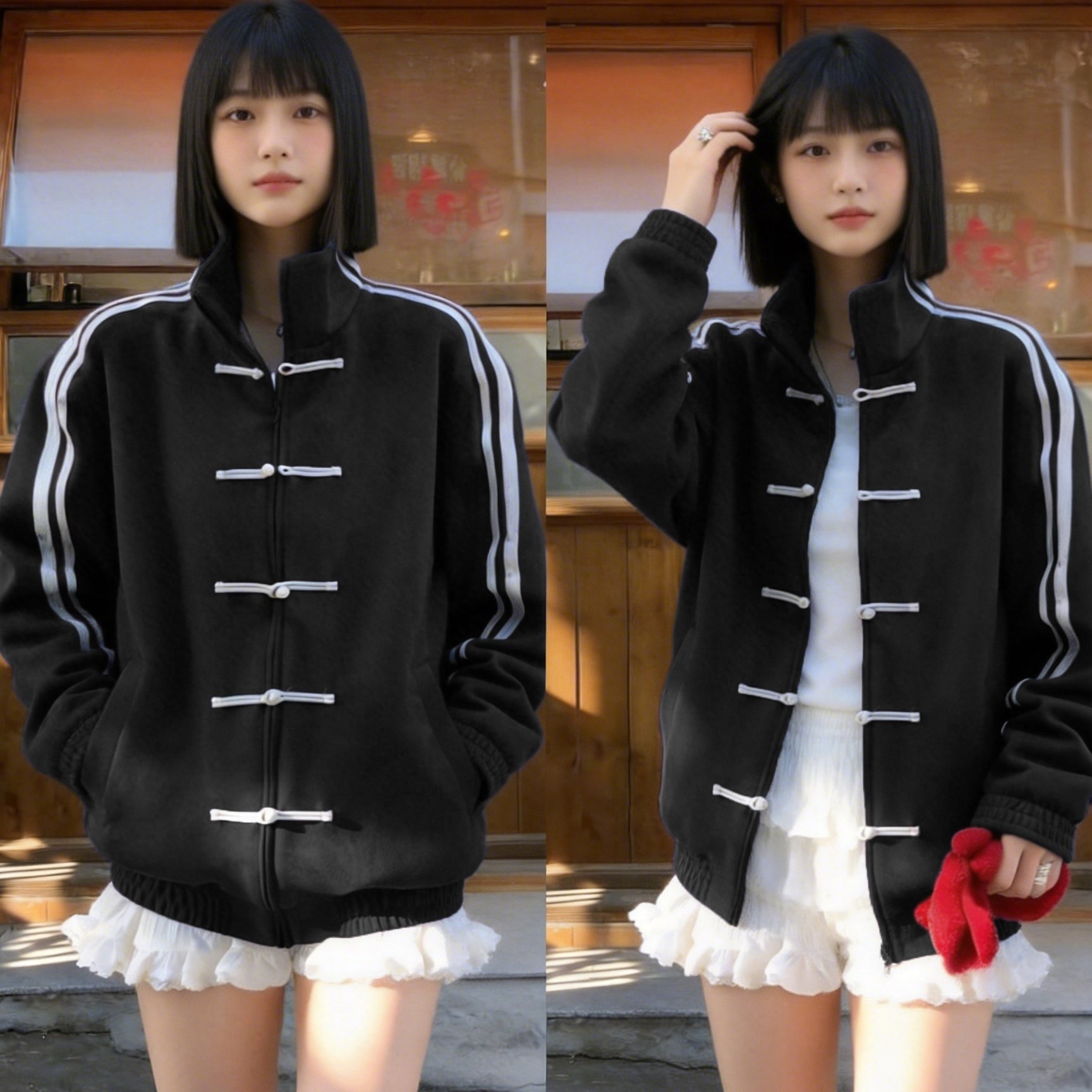 TEMU Women's Faux Jacket With Chinese Vintage Stand Collar & Striped - Zipper Front & Tie Button Closure, Machine Washable Blazer Suitable For
