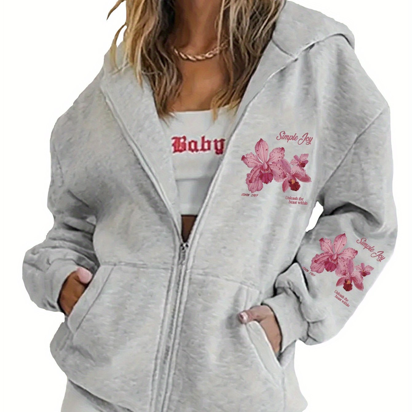 TEMU Letter Horn Print - Y2k Zip-up Hoodie - A Fashionable And Comfortable Zip Jacket - Suitable For Of Casual Sportswear, Stylish Casual Jackets |