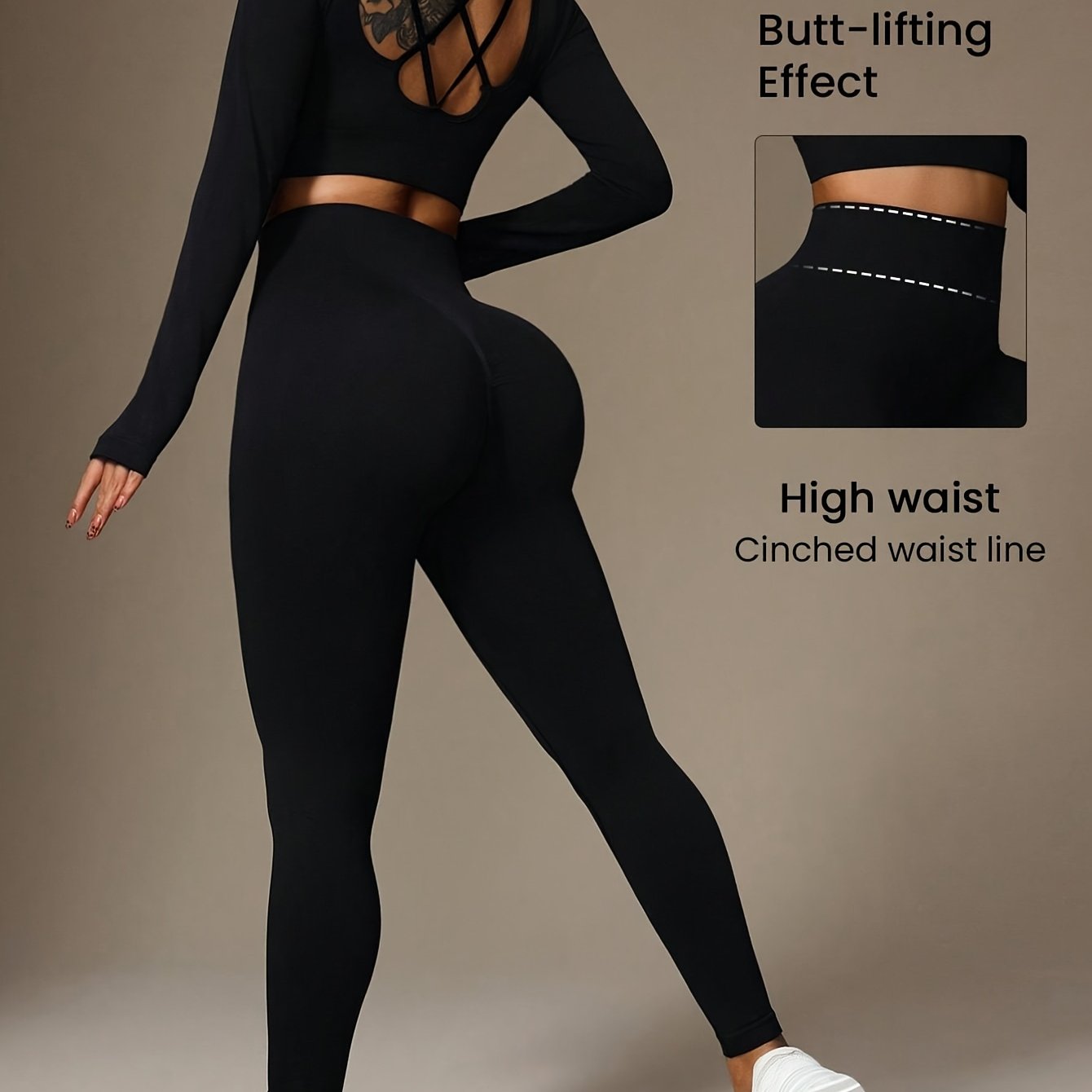 Image of 2pcs Women' Long Sleeve Sports Set: Sexy Yoga Top With Thumbhole Cuffs & Back Cutout Cross Straps; High-waisted -lifting Tummy Control Leggings For Running, Streetwear, Cycling, Gym, And Studio Use
