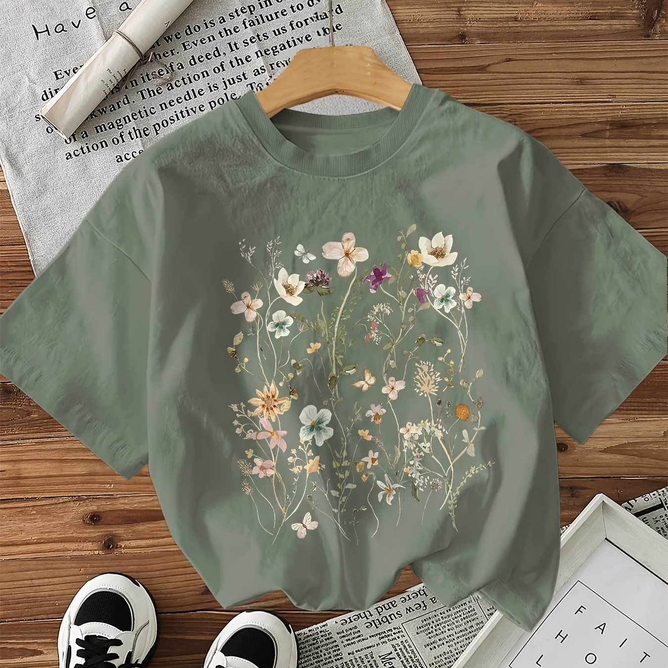 Image of Women&;s Floral Print T-shirt - Soft Breathable Short Sleeve Crew Neck Top With Vibrant Botanical Design, Olive Green Casual Tee For , Machine Washable