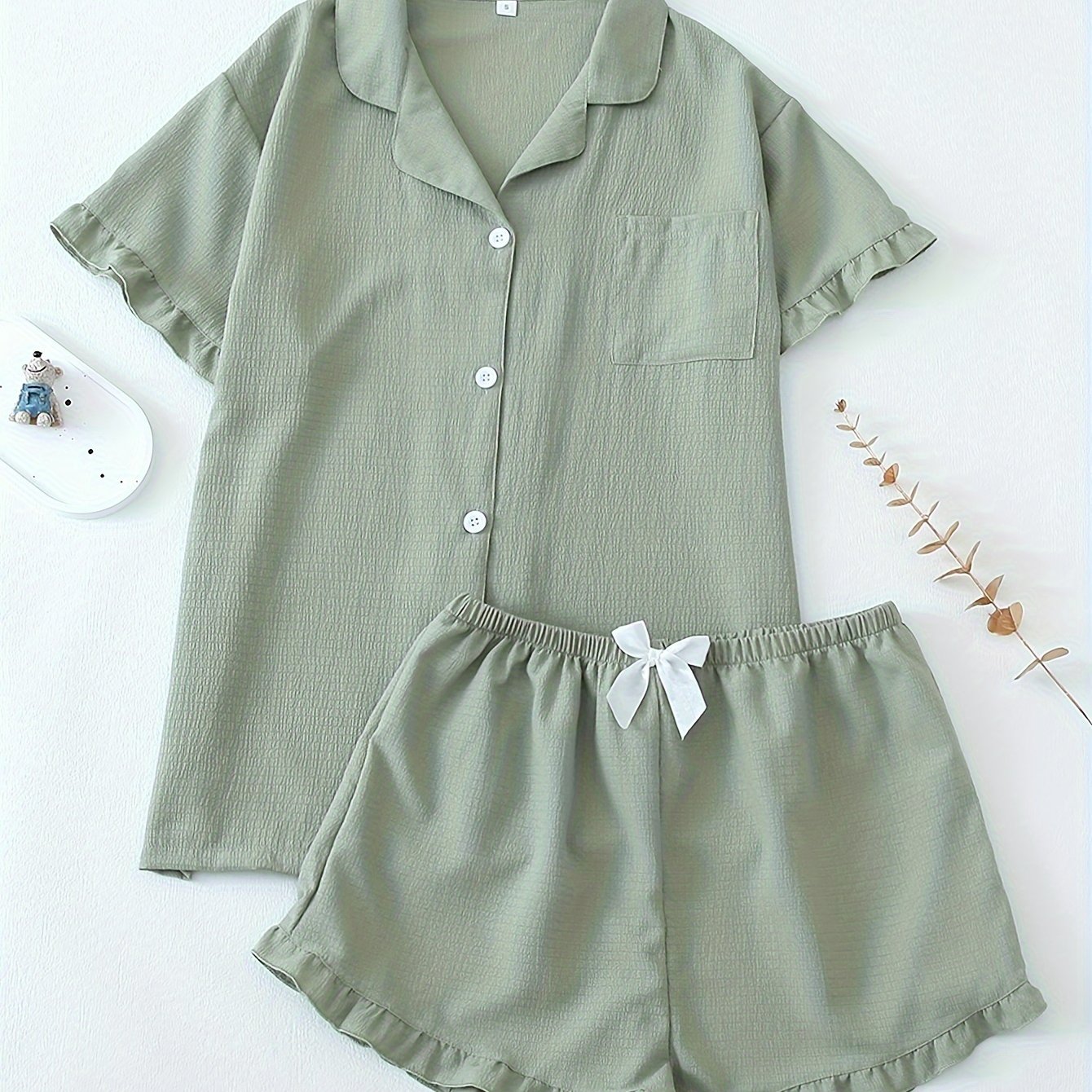 Image of Lotus Leaf Edge Lady's Lapel Solid Color Pajamas Set