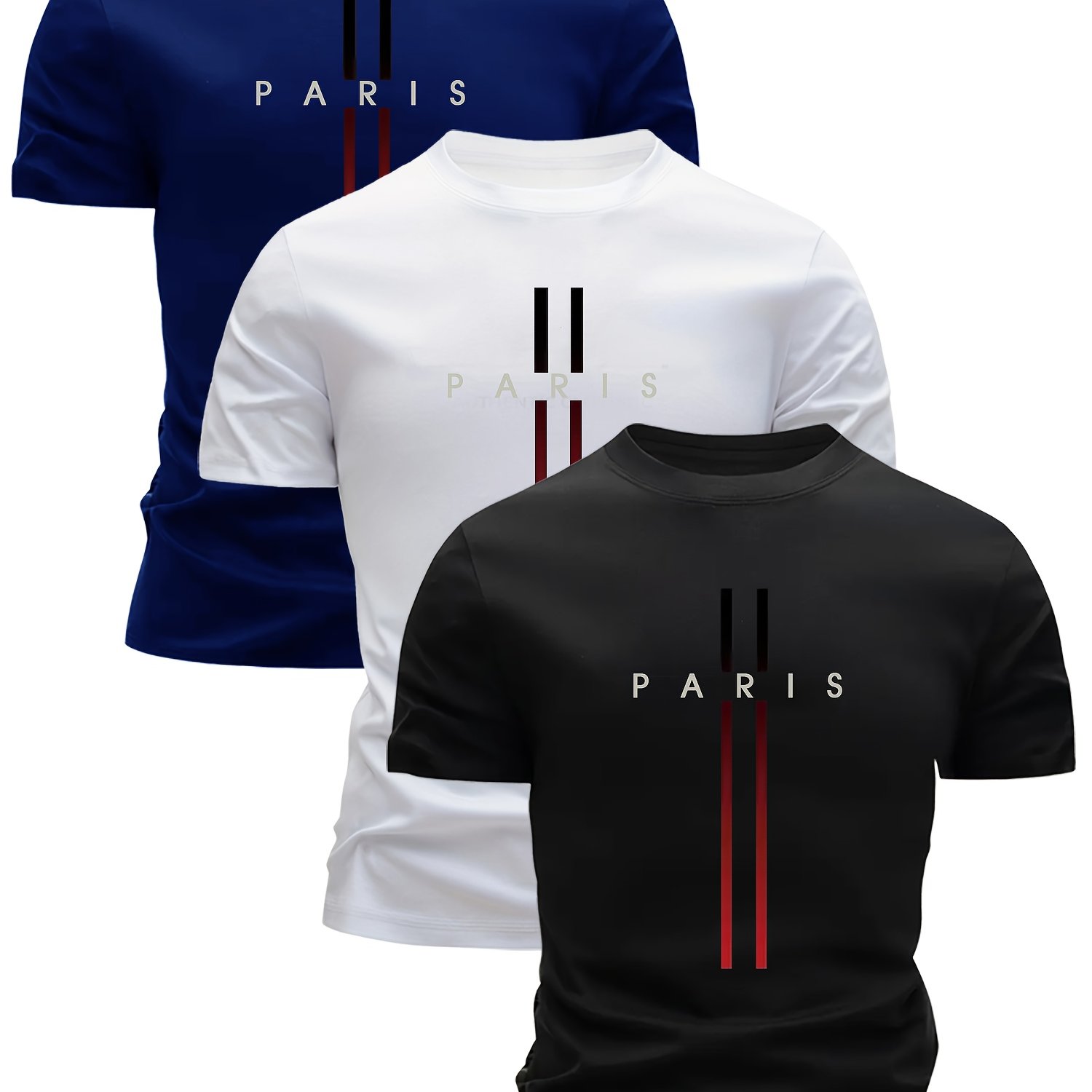 TEMU 3pcs Mixed Print Gradient Long Stripe Pattern Men's Lightweight Short-sleeve T-shirt - , Breathable, Sweat-absorbing Casual Summer Shirt With