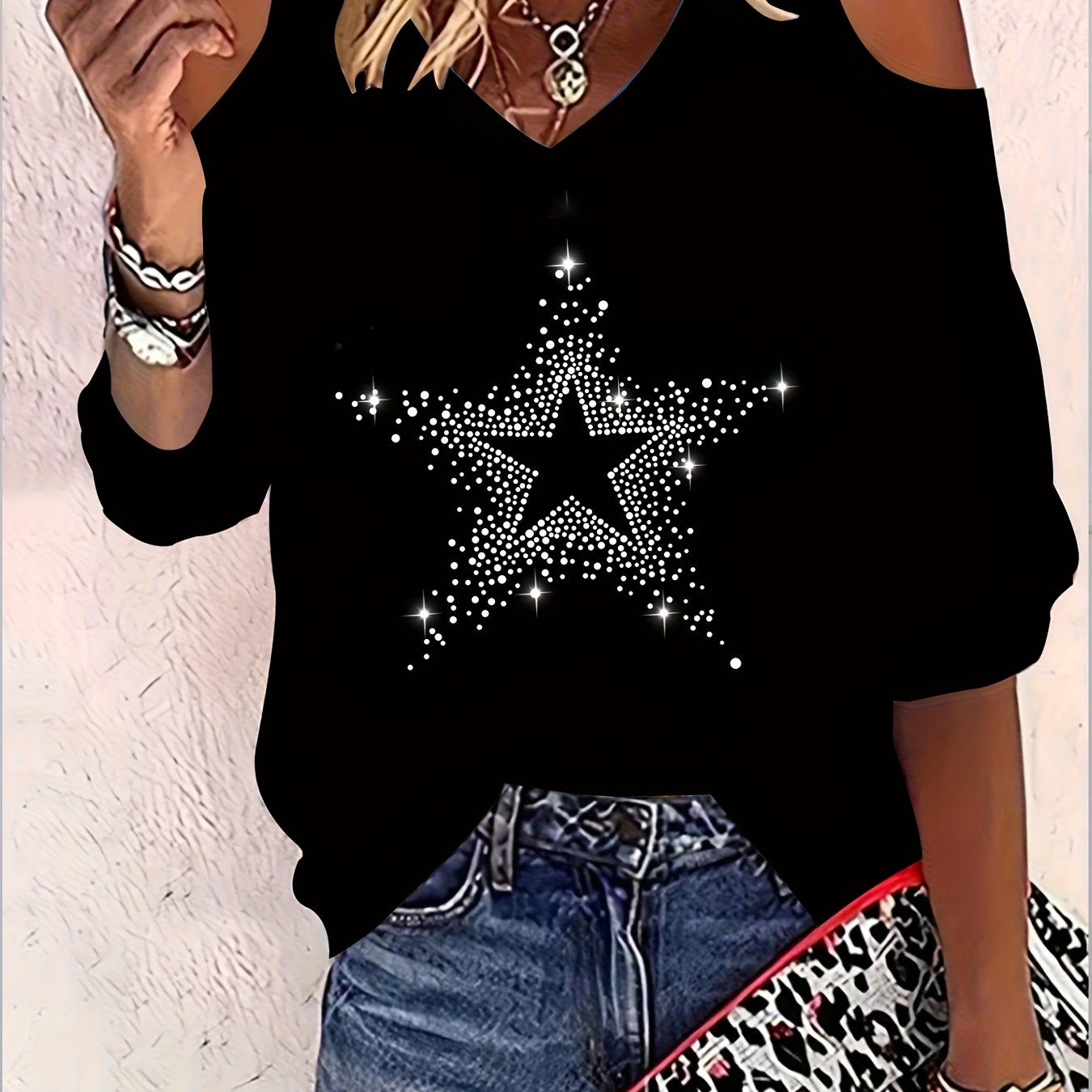 Plus Size, Elegant Women's Plus Size Short Sleeve Pentagram Rhinestone T-shirt