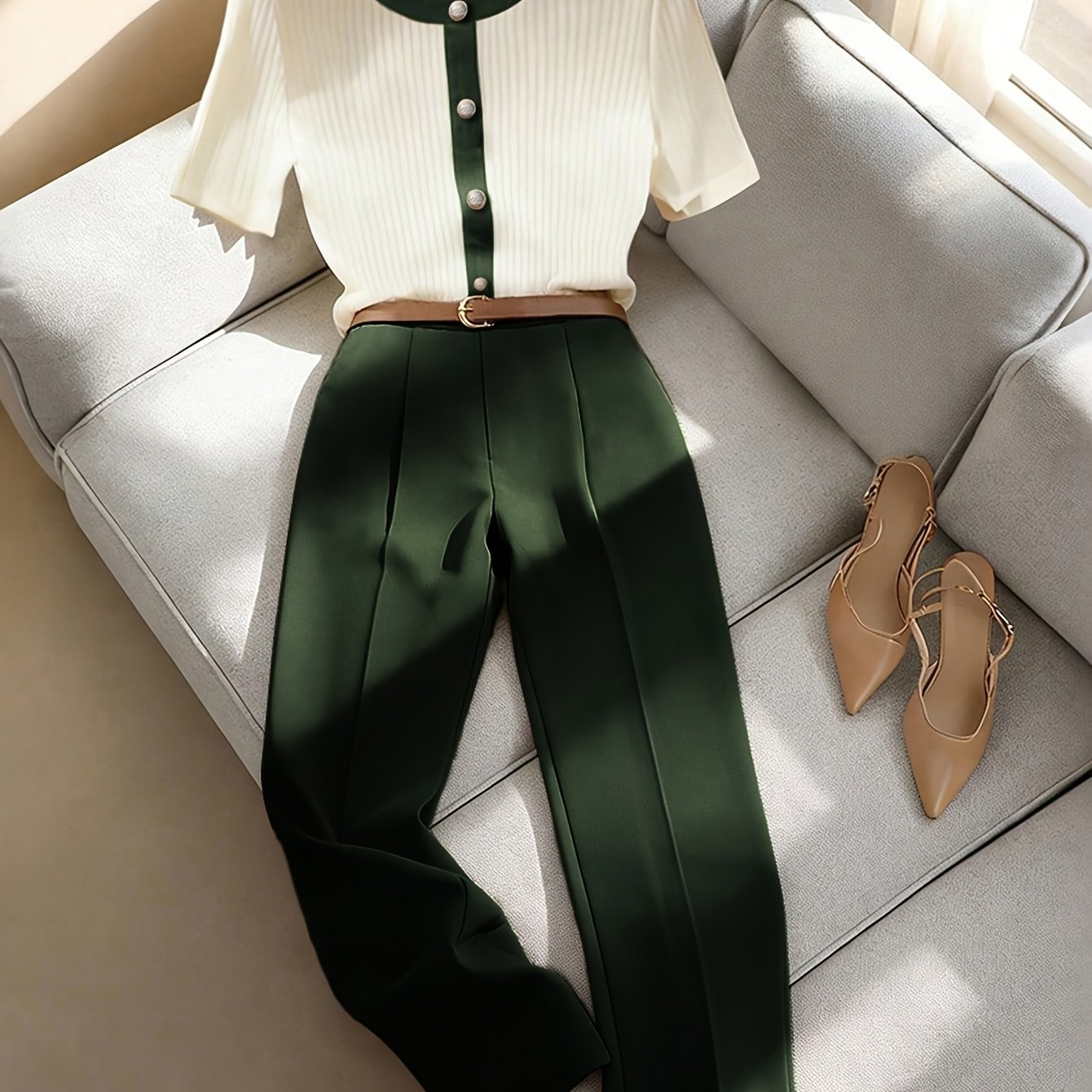 TEMU Ensemble T-shirt à manches courtes et col rond à color-block et pantalon décontracté pour femme