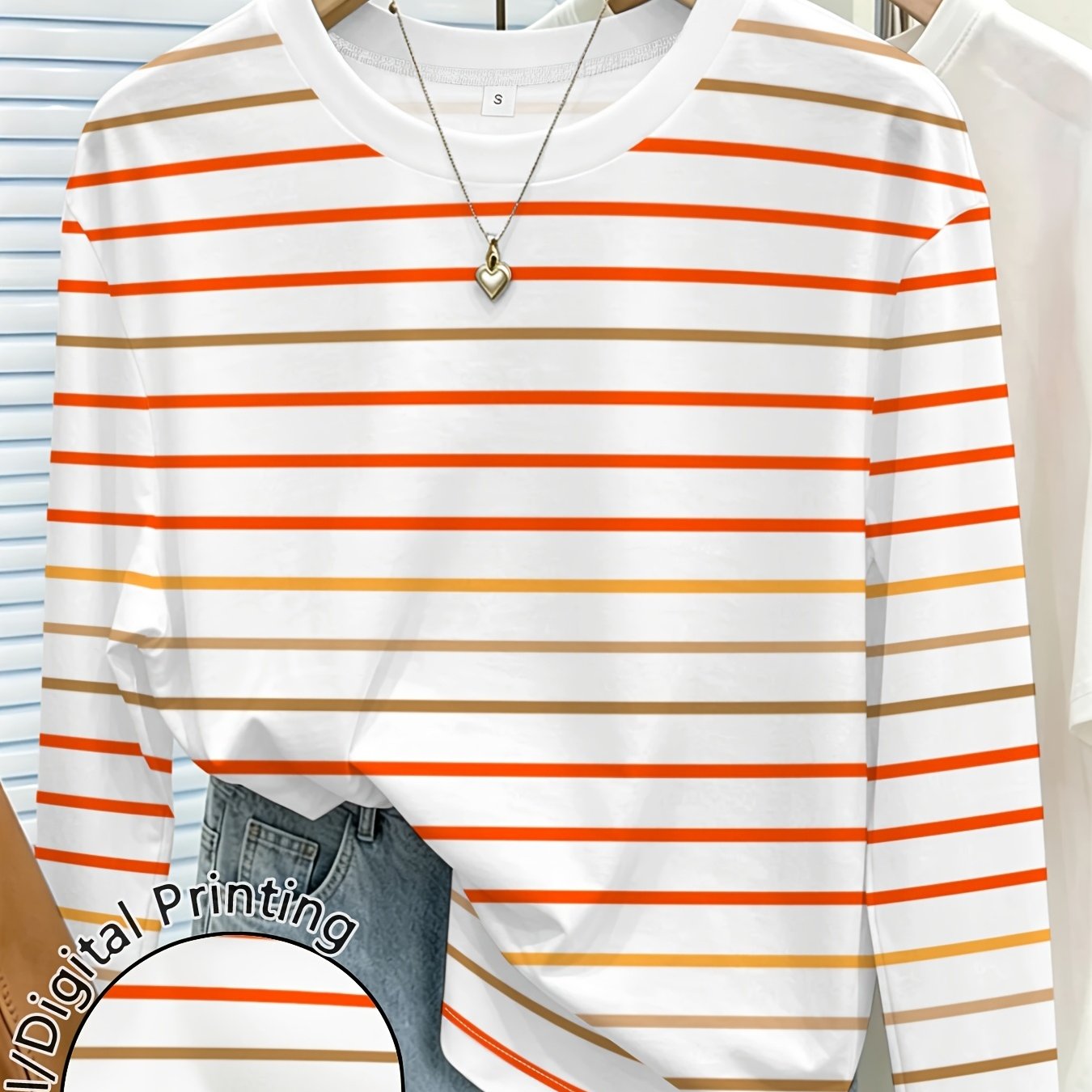 TEMU Plus Size, Striped Women's Printed Round-neck Long-sleeve T-shirt