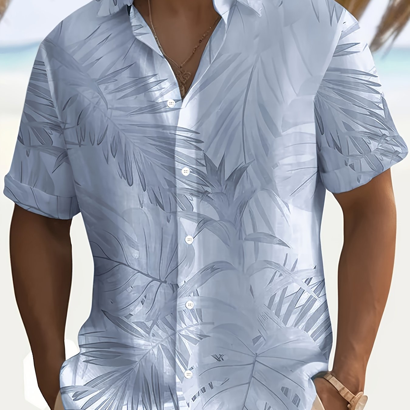 TEMU Men's Lightweight Summer Shirt, Casual Leaf Print, Short Sleeve, Button-up, Polyester, Gift For Men