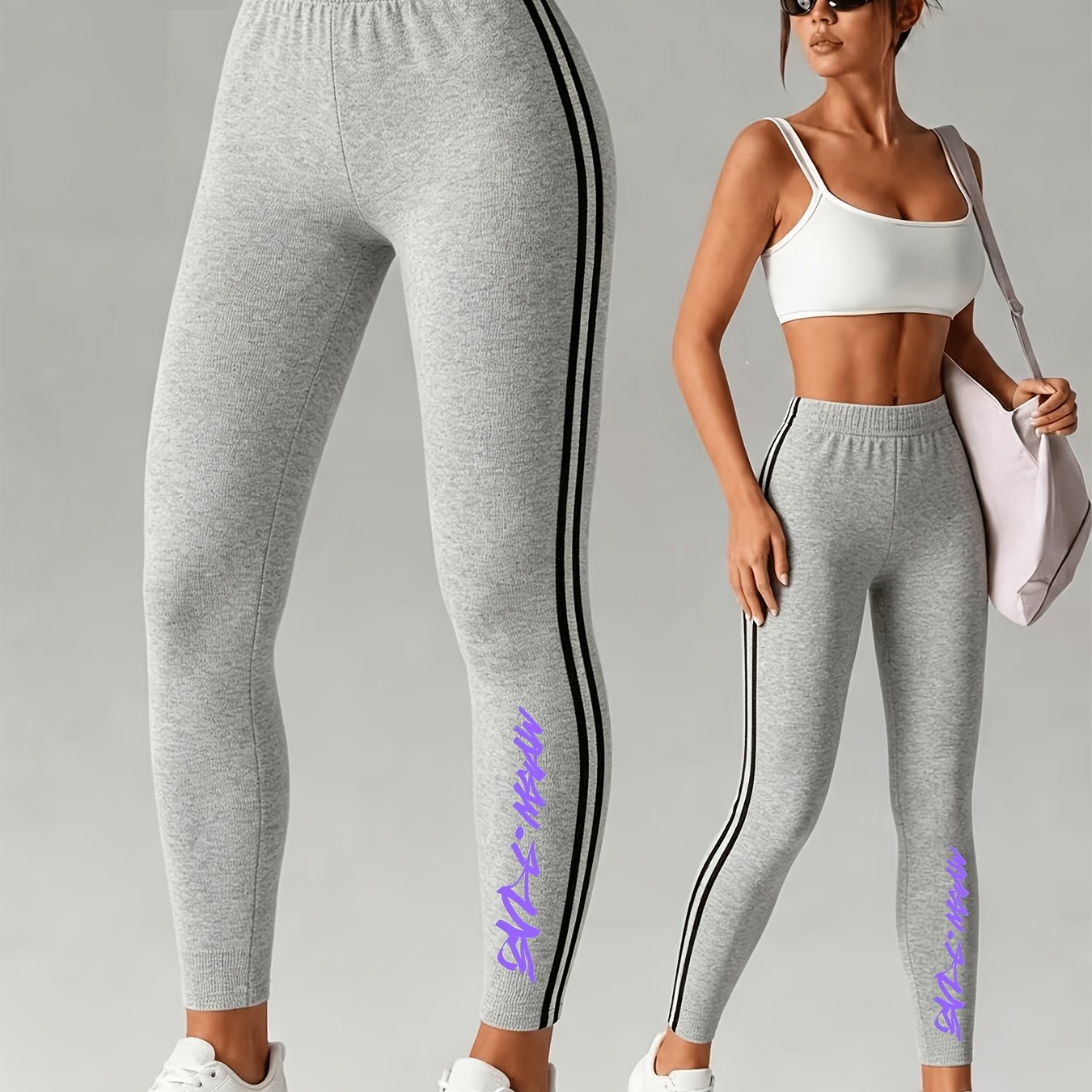 TEMU 1pc Women's Side Double Stripe Leggings, High-waisted High-stretch Slim-fit Ankle Pants, Casual Printed Tights