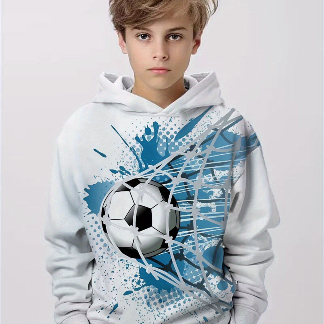 TEMU Sweat à capuche avec motif de football imprimé en 3D, haut automne/hiver, sweat-shirt pour enfants avec but de foot, motif dessin tie-dye, pull