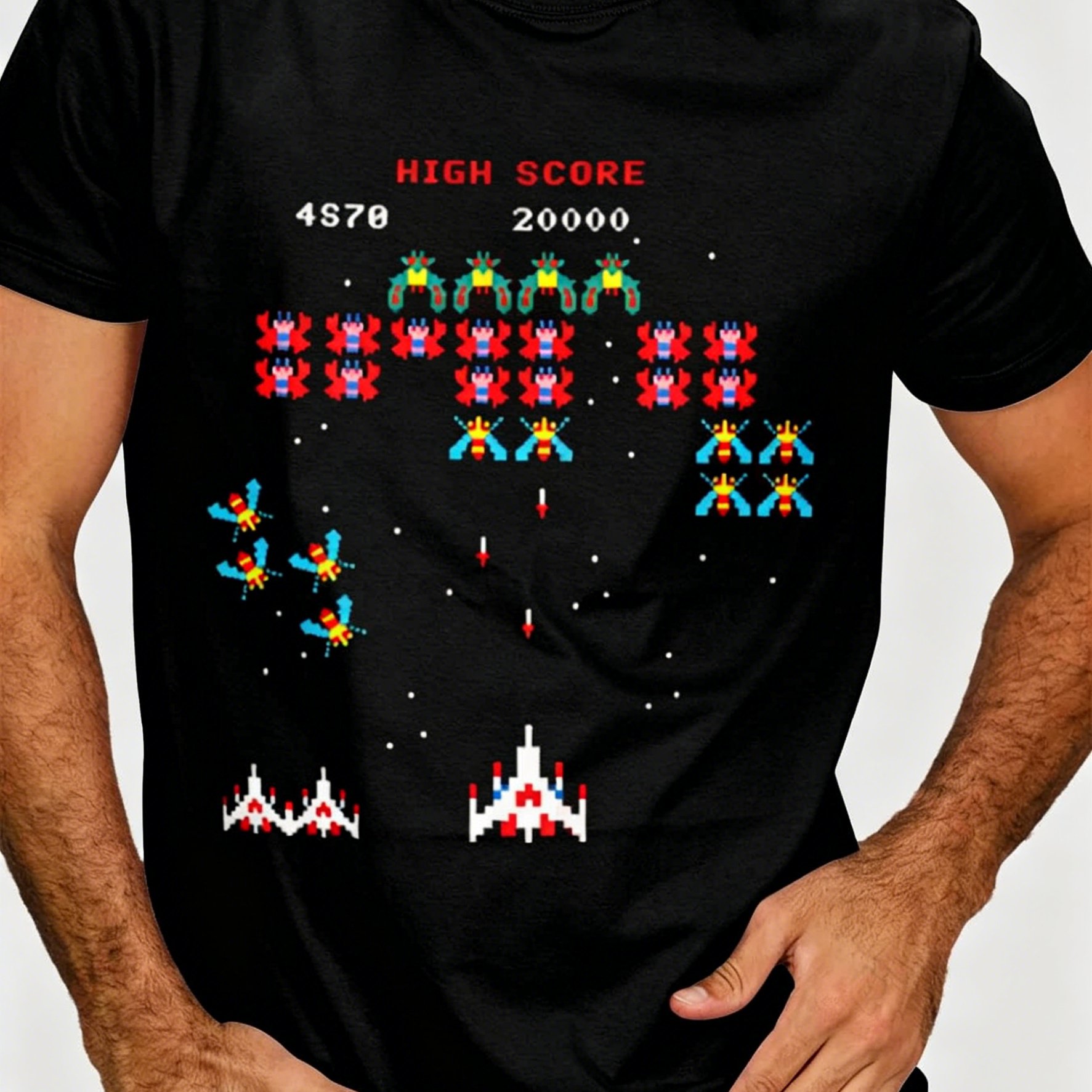 TEMU Vintage 80s Space Invaders Arcade Game T-shirt - Vintage Pixel-style , Crew Neck Casual T-shirt, Suitable For Wearing, For Nostalgic ,