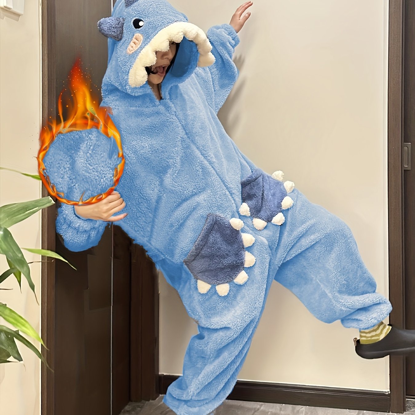 Image of Cartoon Shark Hooded Jumpsuit With Long Sleeves And Zipper, -lined For Carnival, Halloween, And Music Festivals, Thickened Warm Hooded Onesie For Women, Animal Costume Cosplay Homewear