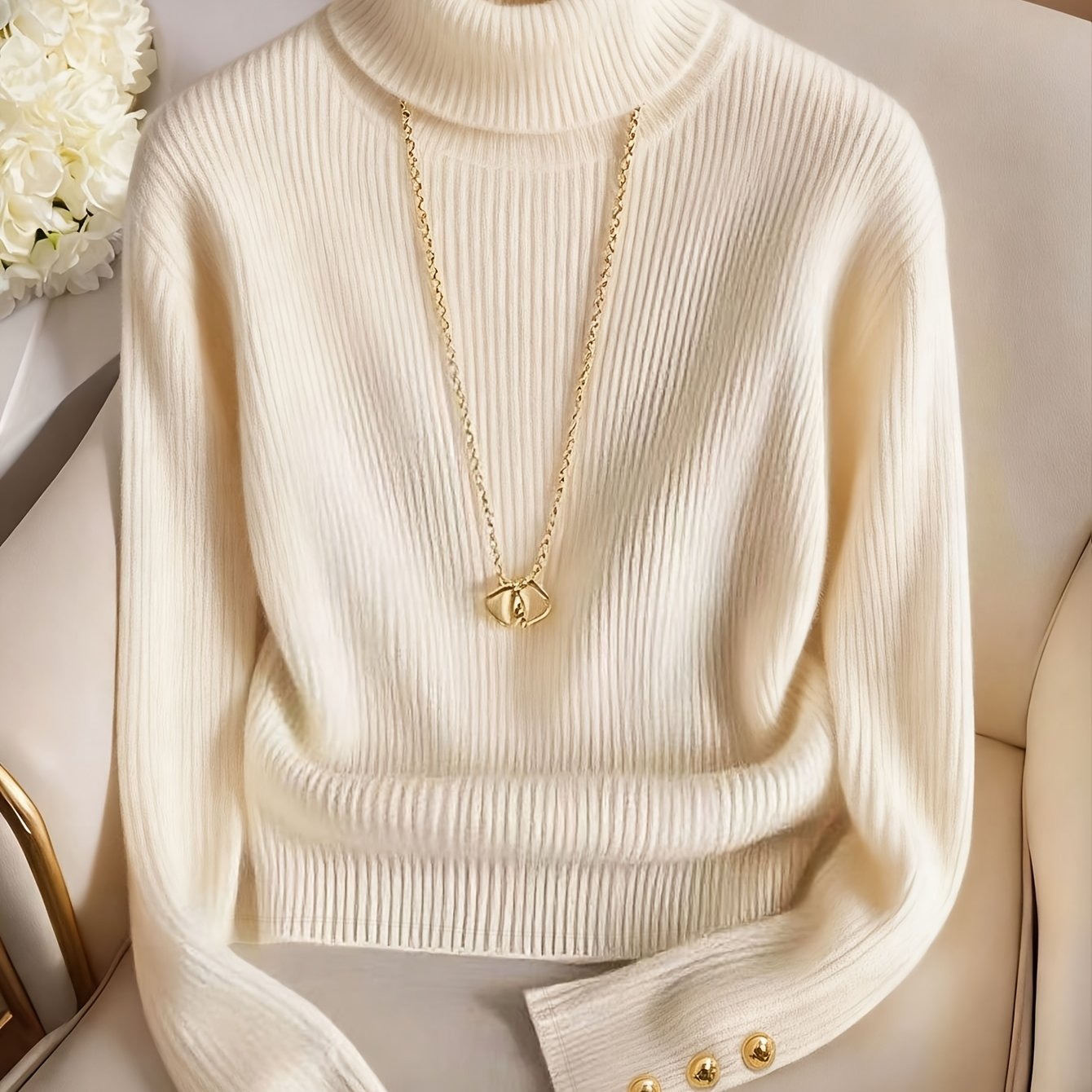 TEMU Damen-Rollkragenpullover aus Rippenstrick mit goldenen Knopf-Bundmanschetten, schmal geschnittenem Stretchstoff langärmeligem Unterhemd zum