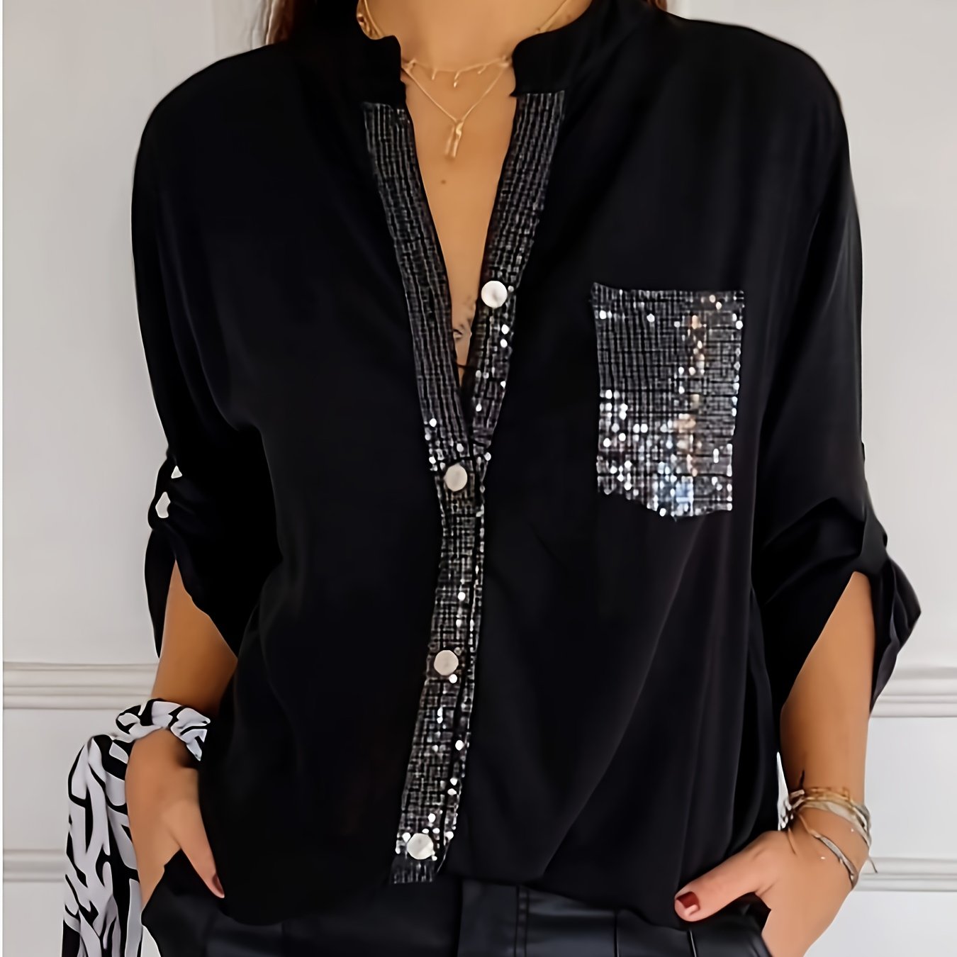 E-shop Damen-Mode-Langarmshirt mit Pailletten, lockere Passform, einfarbig, für alle Jahreszeiten geeignet, maschinenwaschbar, einfarbig, perfekte für