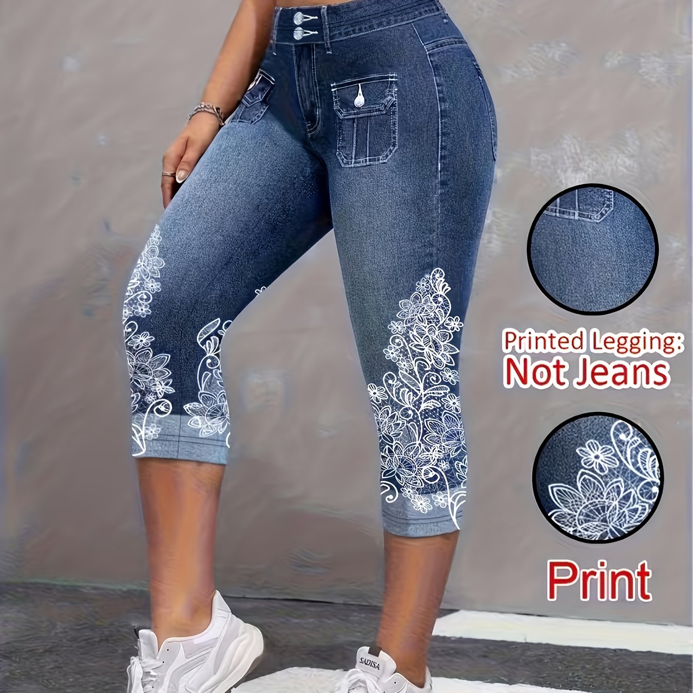E-shop Plus Size - Plus Size - Plus Size Damen Leggings mit Druck und elastischem Bund; Modische Damen Knielange Leggings