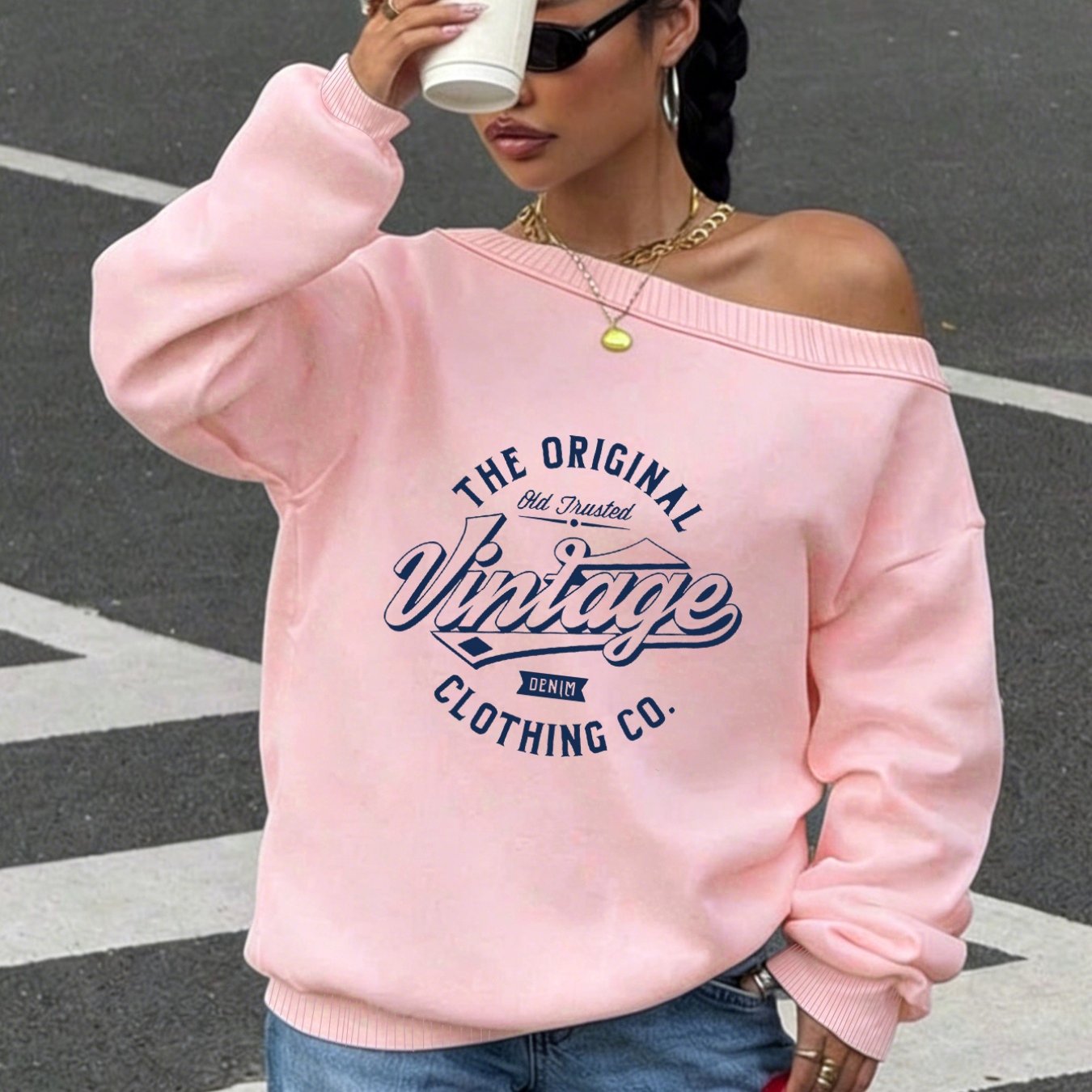 TEMU Y2k Style Women's Fashionable And Versatile Casual Sweatshirt With Creative Printed Design And Off-shoulder Style
