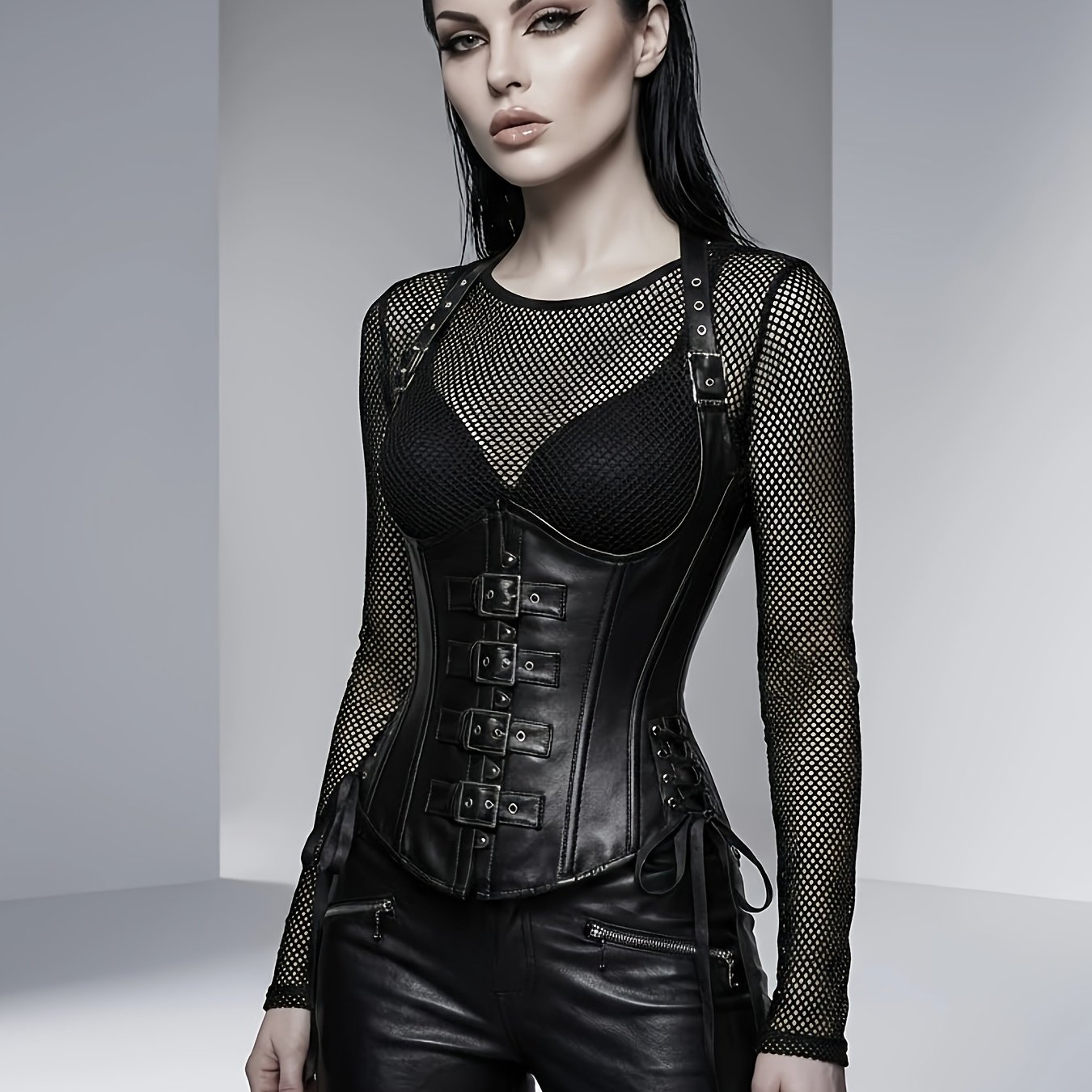 Dark Gothic Rock Steampunk Studded Underbust Corset | High Support, Solid Color, Contrast Details, Ideal For Cosplay, Halloween, And