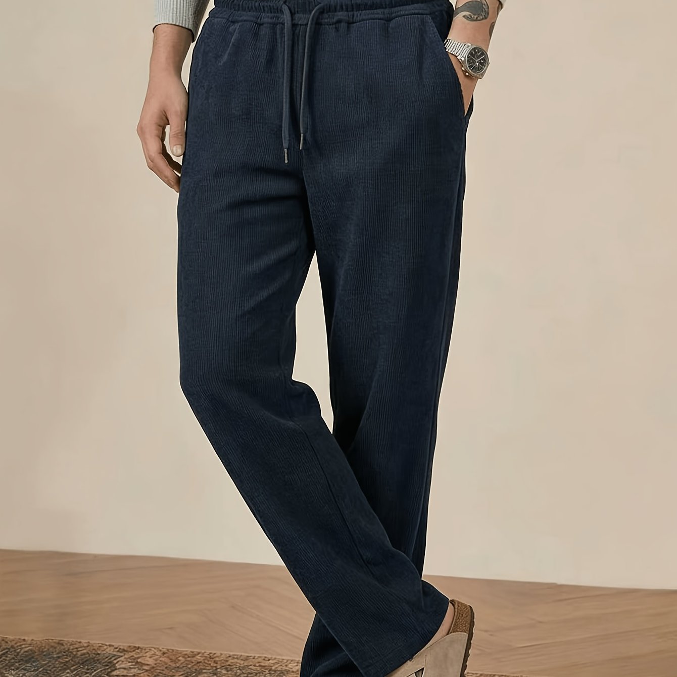 TEMU Men's Loose Fit Straight Corduroy Pants - Mid-waist Trousers With Corduroy-wall Suitable For , Machine Washable Corduroy Pants Suitable For