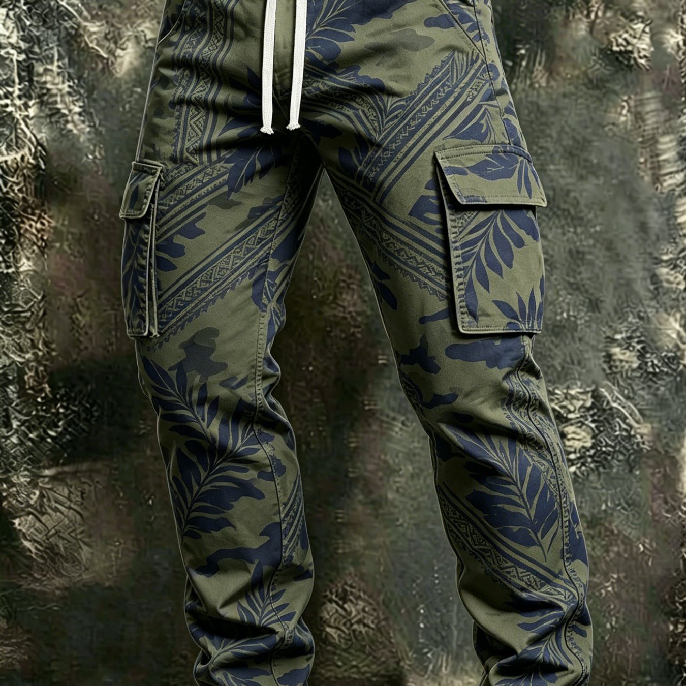 Image of Men's Fashionable Casual Cargo Pants With Drawstring, Geometric Without Embroidery, Comfortable And Breathable Fabric, Suitable For Outdoor Activities Like Fishing And Camping, For Men's Gifts