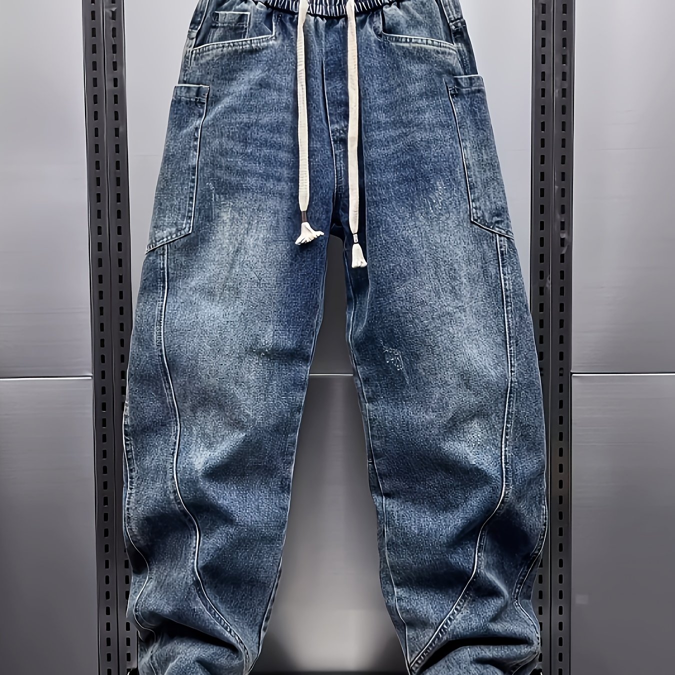 Geng Yuan Shi Xuan Pin Elastic Waistband Spliced Element Large Pocket Denim Trousers