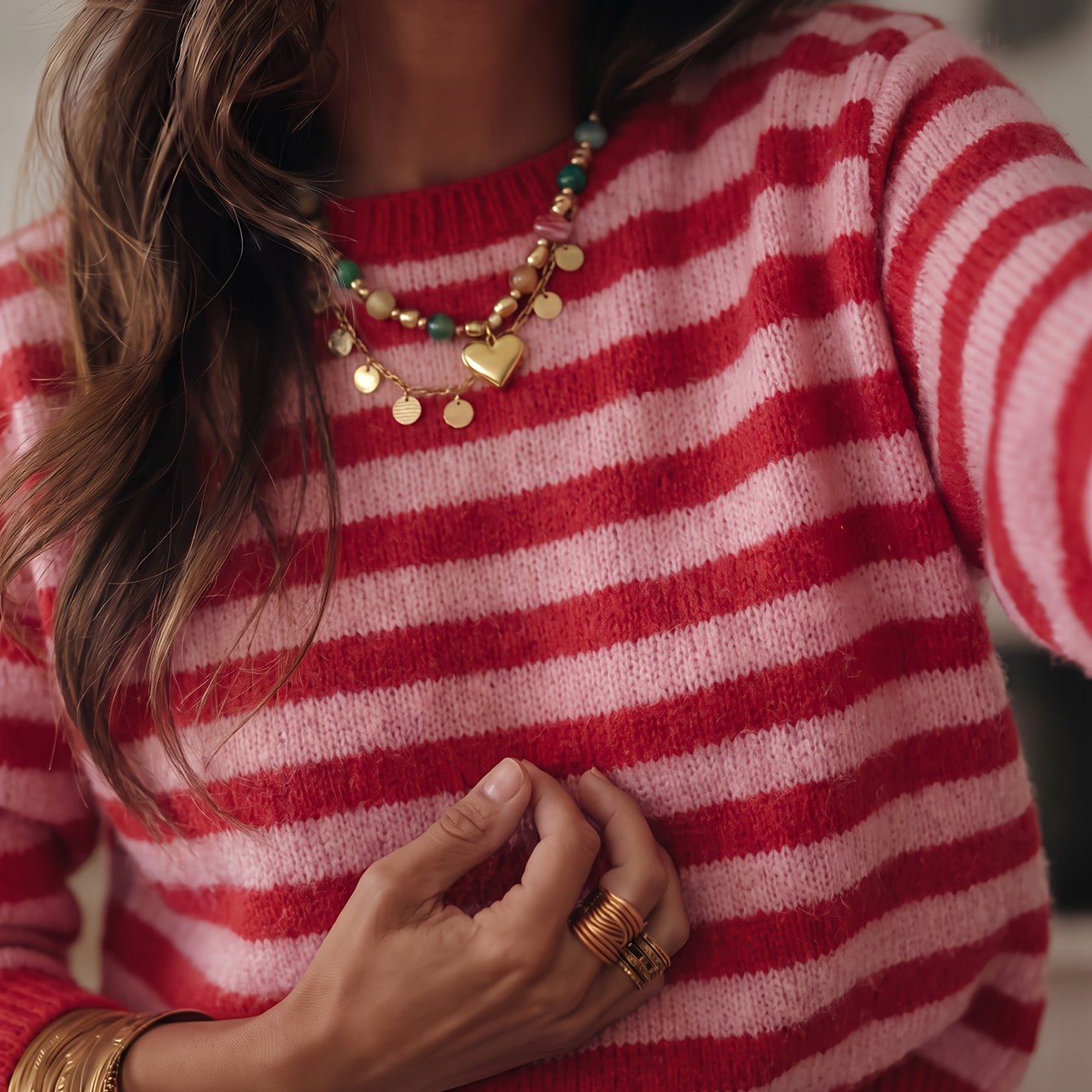 TEMU Women's Pullover Top, Beautiful Sweater, Striped Contrast Color Crew Neck Long Sleeve, For Spring, Autumn, And Winter Wear, Daily Loose Fit