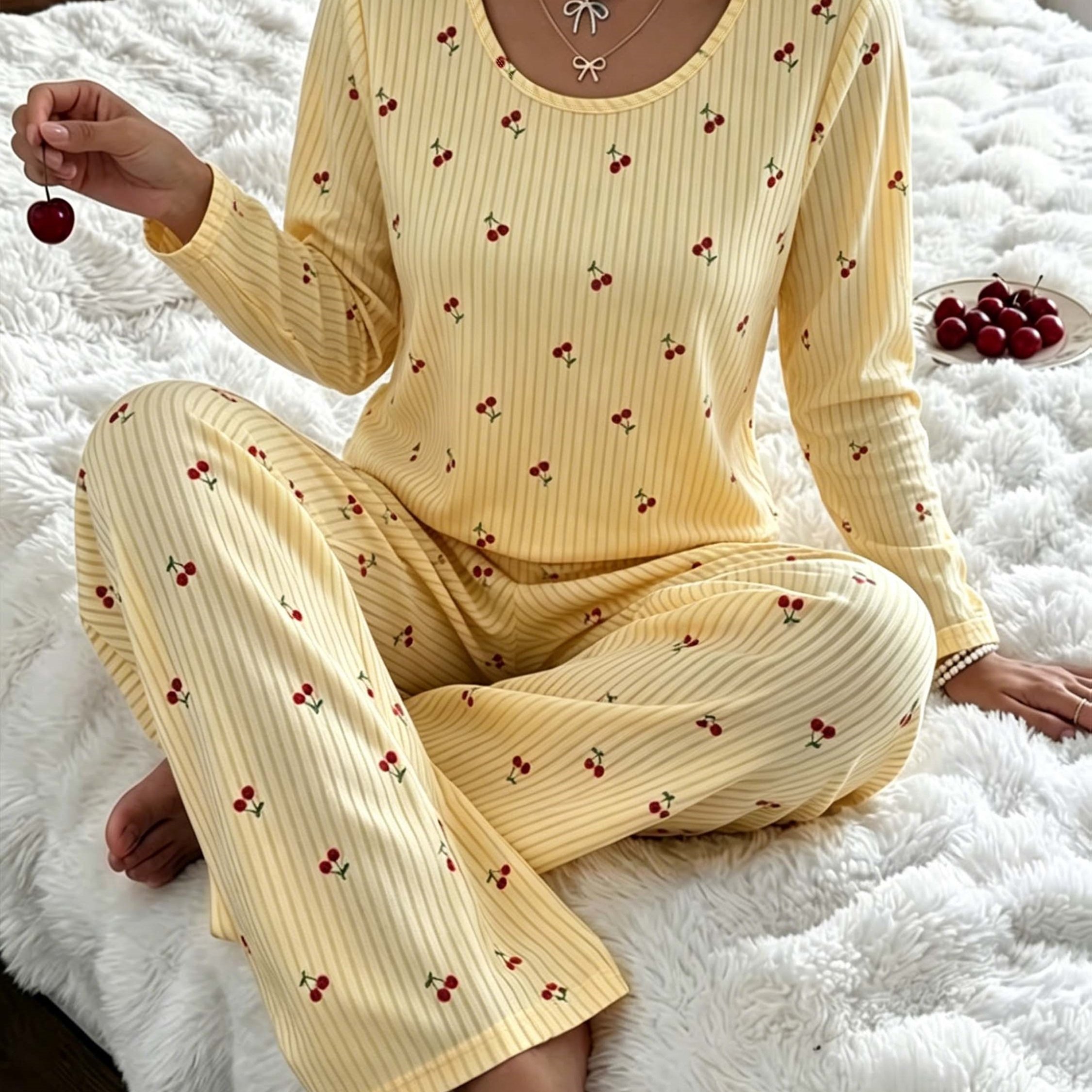TEMU Autumn/winter Women's Fashion Loungewear, Cherry Print Long-sleeve Long-pants Casual Sleepwear Set