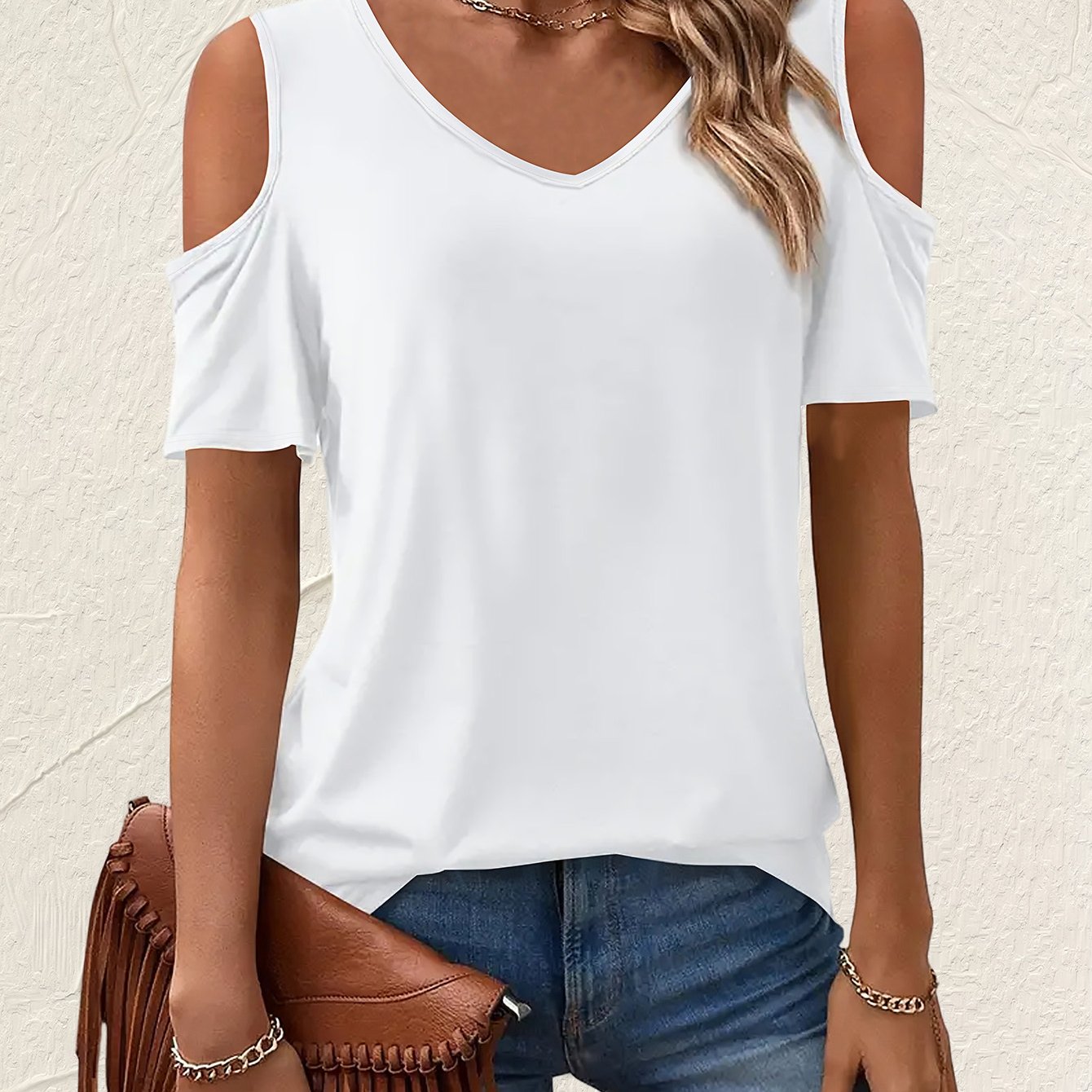 TEMU Camiseta de color liso, top casual de manga corta y cuello en V para verano y , ropa de mujer