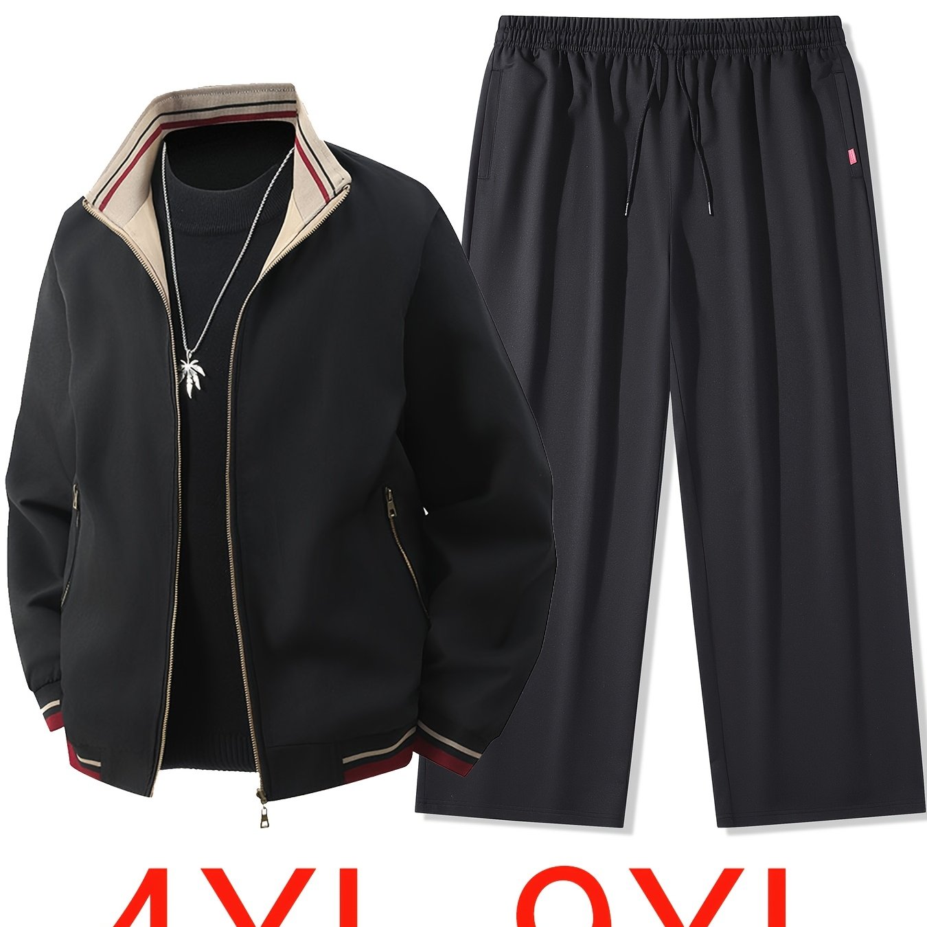 TEMU 4xl-9xl 2pcs Set For Big & Tall Men, Spring/autumn New Casual Outfit, Reversible Fashion Stand Collar Jacket, Business Casual Straight-leg