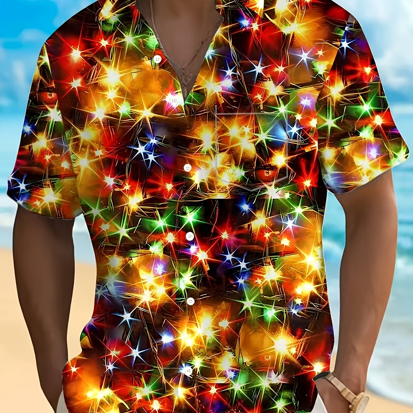 TEMU Men's Retro 80s Neon Christmas Party Shirt- Short Sleeve Button Front Collar Jacket With Pockets, Machine Washable Holiday Sweater Alternative,