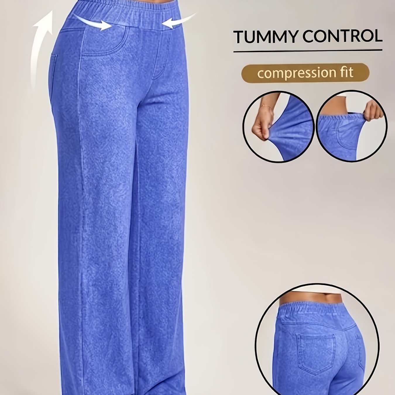 TEMU Plus Size, Leggings - Not Denim Fabric, Women's 2026 New Style Wide-leg Blue Stretch Printed Pants, Printed Elastic Waist Fabric Straight-leg