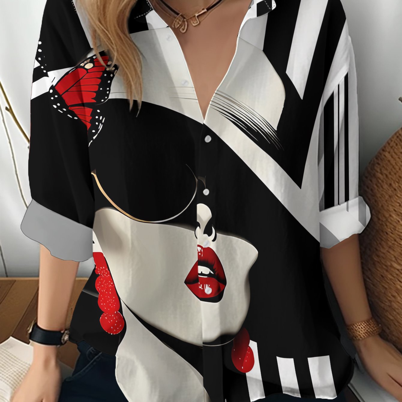 TEMU New Women's Long-sleeve Shirt With White Hat, Fashion Glasses, And Red Lips. Red Perched On Hat, Black And White Striped Background Pattern.